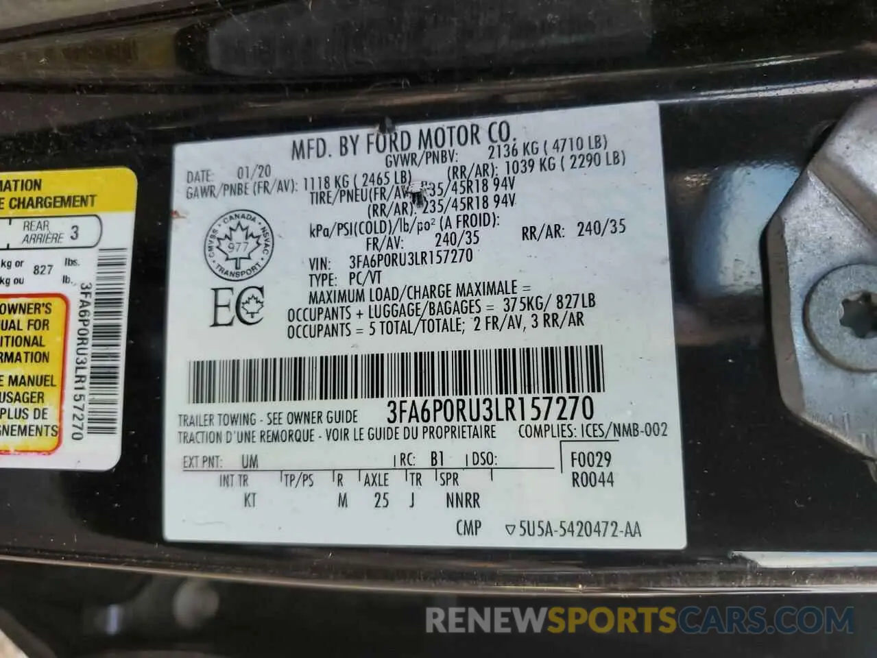 14 Фотография поврежденного автомобиля 3FA6P0RU3LR157270 FORD FUSION 2020