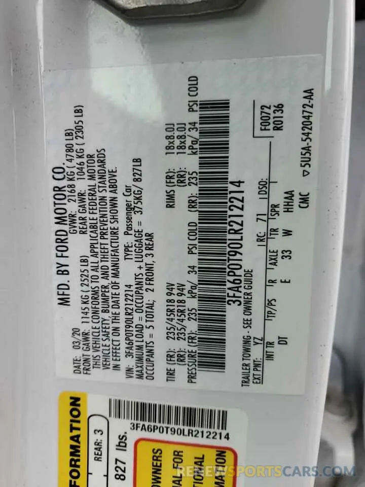 12 Фотография поврежденного автомобиля 3FA6P0T90LR212214 FORD FUSION 2020