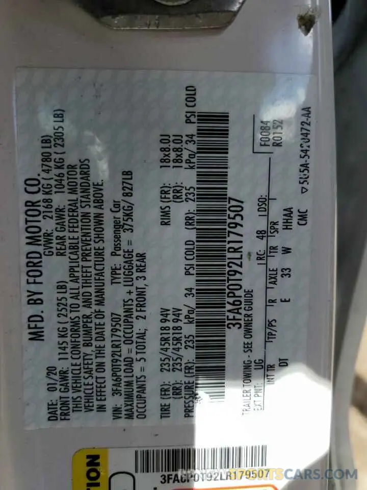 13 Фотография поврежденного автомобиля 3FA6P0T92LR179507 FORD FUSION 2020
