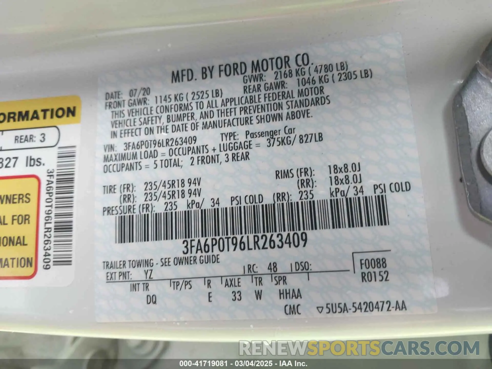 9 Photograph of a damaged car 3FA6P0T96LR263409 FORD FUSION 2020