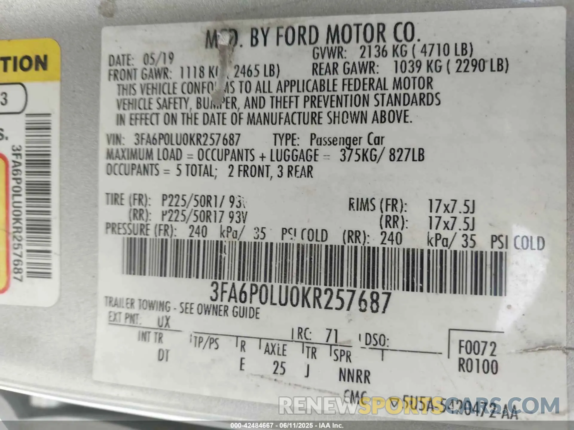 9 Photograph of a damaged car 3FA6P0LU0KR257687 FORD FUSION HYBRID 2019