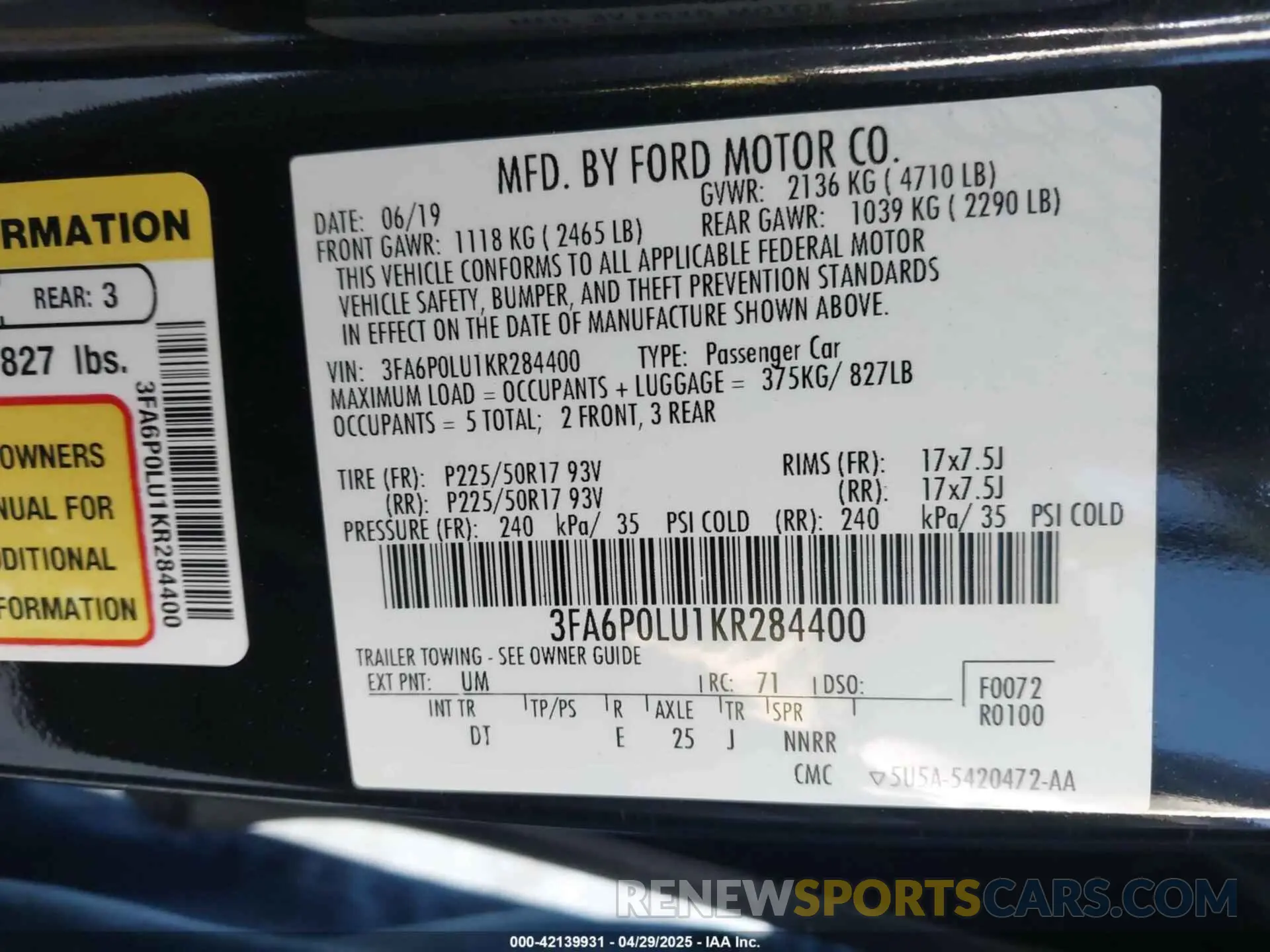 9 Фотография поврежденного автомобиля 3FA6P0LU1KR284400 FORD FUSION HYBRID 2019