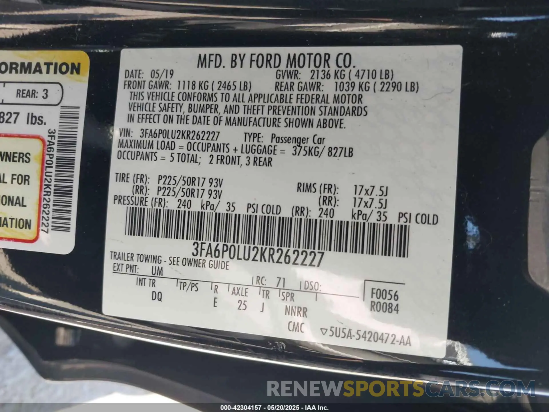 9 Photograph of a damaged car 3FA6P0LU2KR262227 FORD FUSION HYBRID 2019
