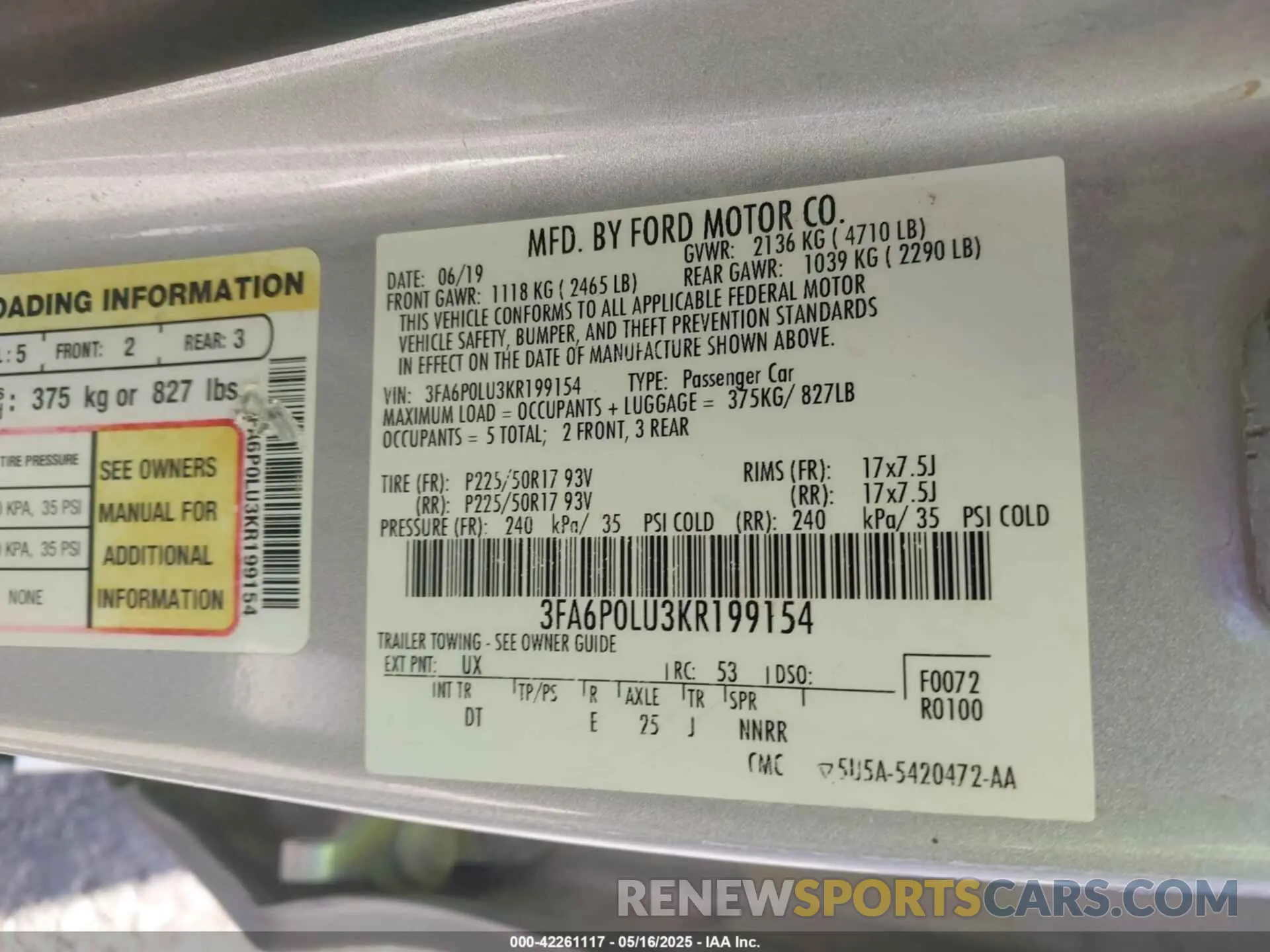 9 Photograph of a damaged car 3FA6P0LU3KR199154 FORD FUSION HYBRID 2019