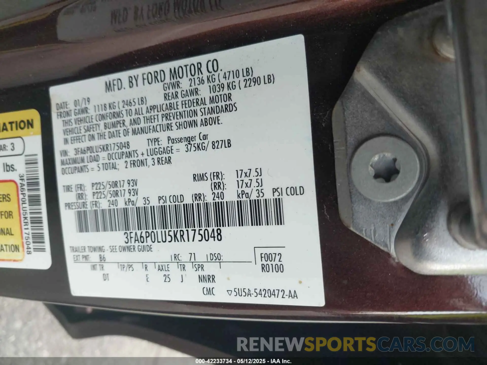9 Photograph of a damaged car 3FA6P0LU5KR175048 FORD FUSION HYBRID 2019