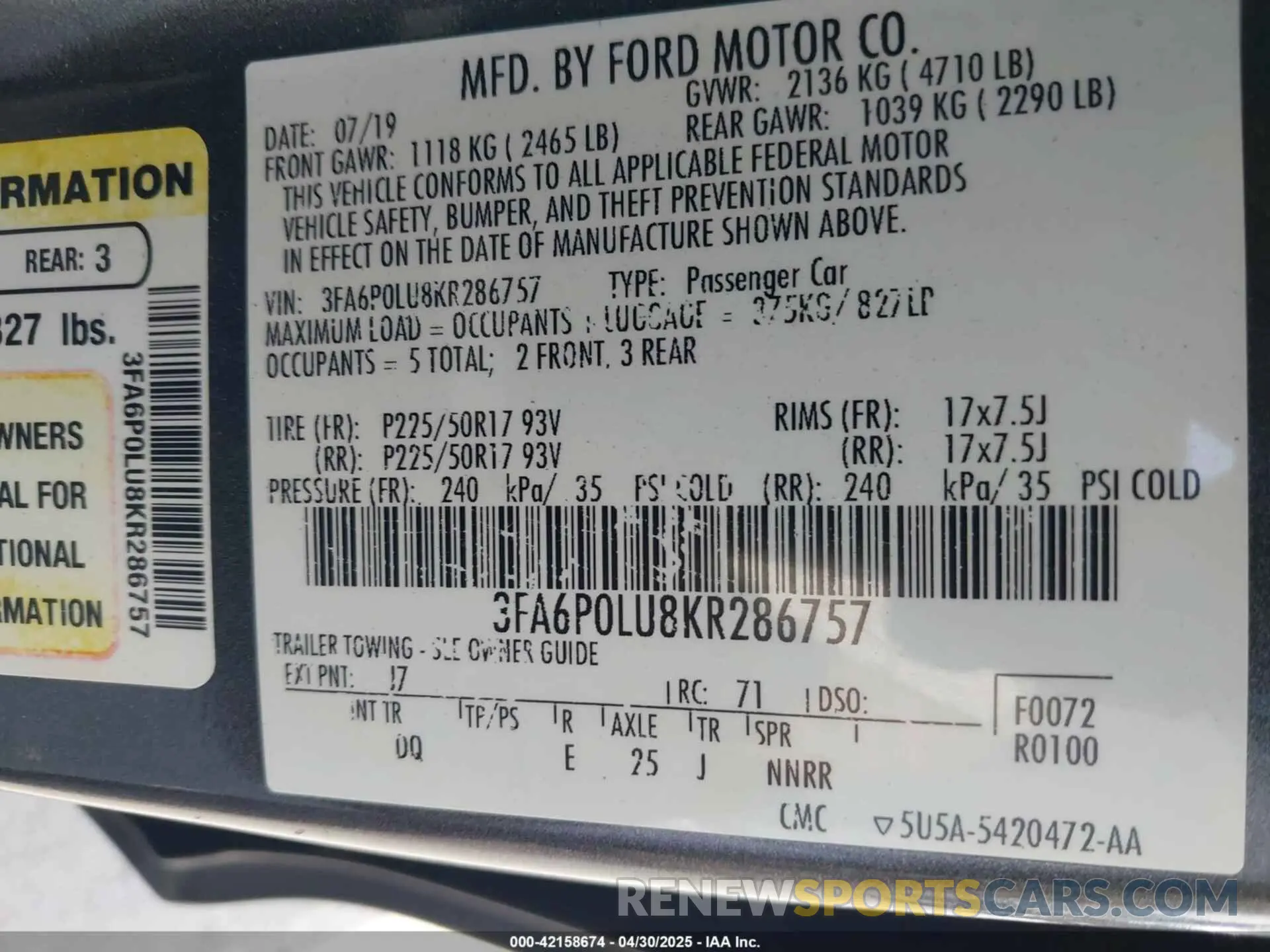 9 Photograph of a damaged car 3FA6P0LU8KR286757 FORD FUSION HYBRID 2019