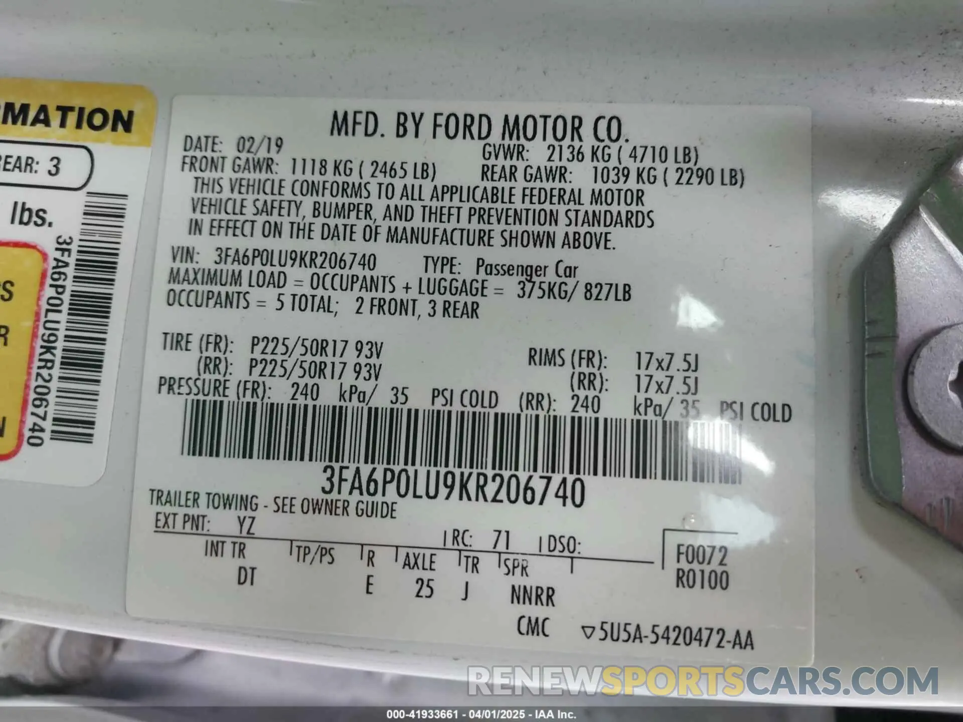 9 Фотография поврежденного автомобиля 3FA6P0LU9KR206740 FORD FUSION HYBRID 2019