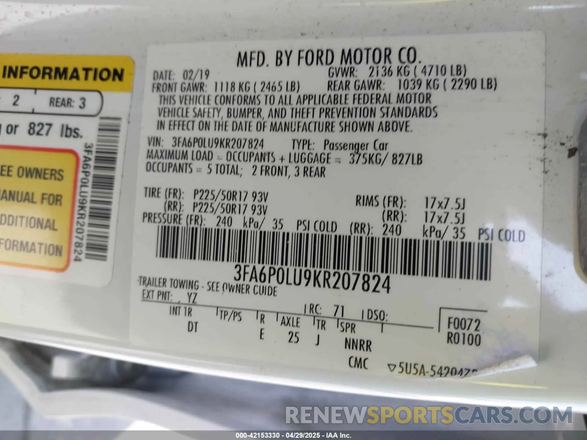 9 Фотография поврежденного автомобиля 3FA6P0LU9KR207824 FORD FUSION HYBRID 2019