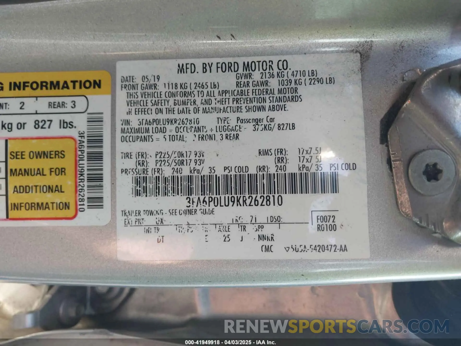 9 Фотография поврежденного автомобиля 3FA6P0LU9KR262810 FORD FUSION HYBRID 2019