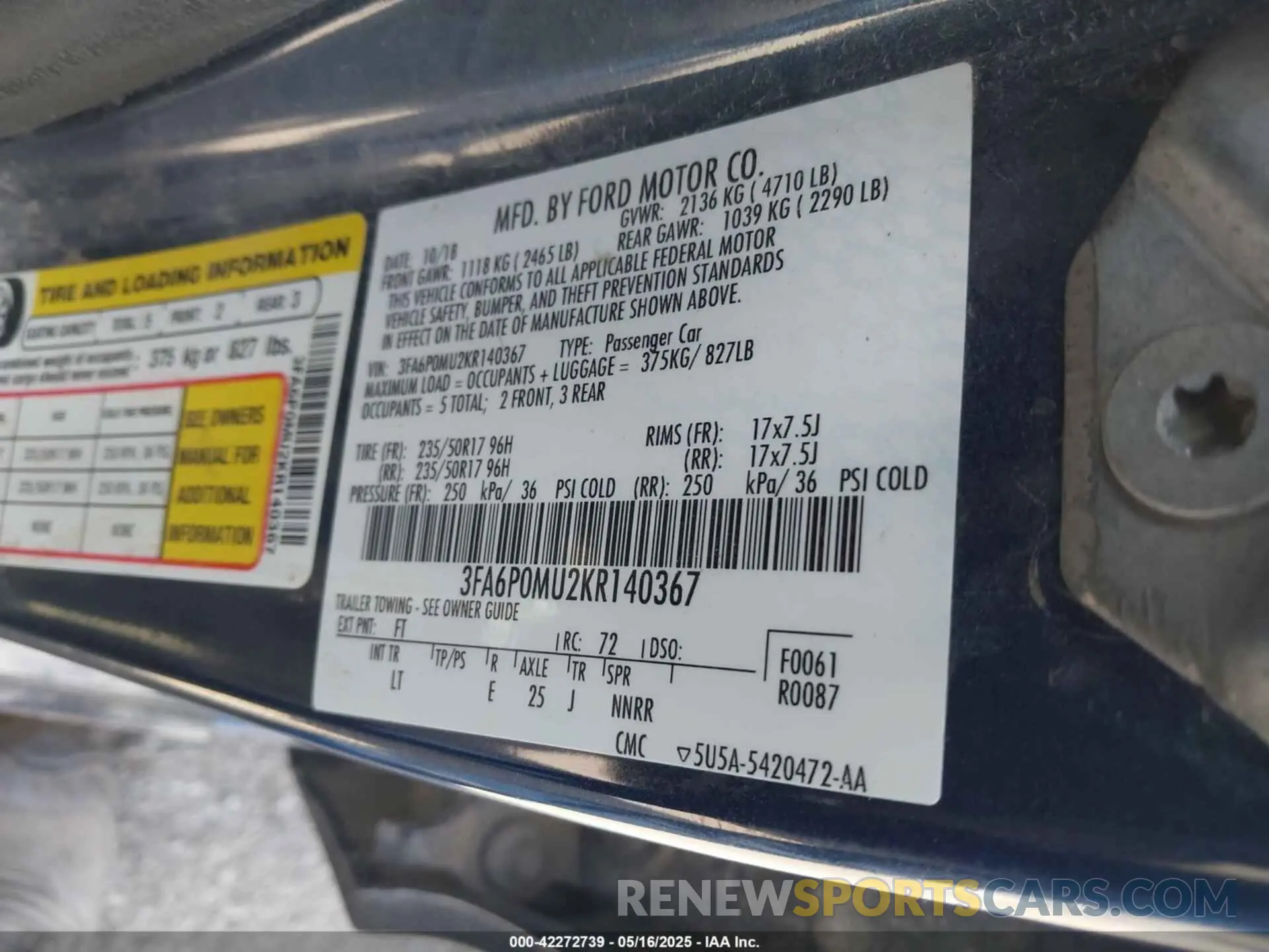 9 Фотография поврежденного автомобиля 3FA6P0MU2KR140367 FORD FUSION HYBRID 2019