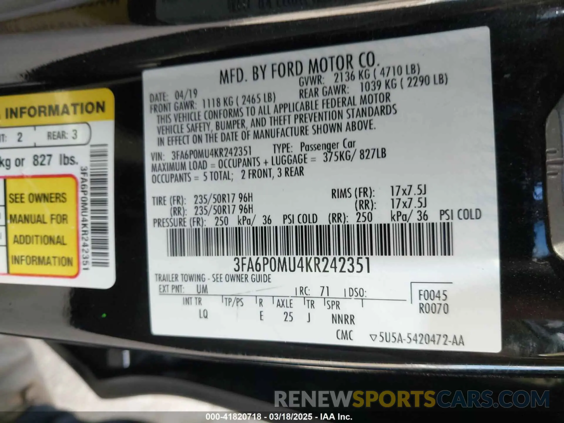 9 Photograph of a damaged car 3FA6P0MU4KR242351 FORD FUSION HYBRID 2019