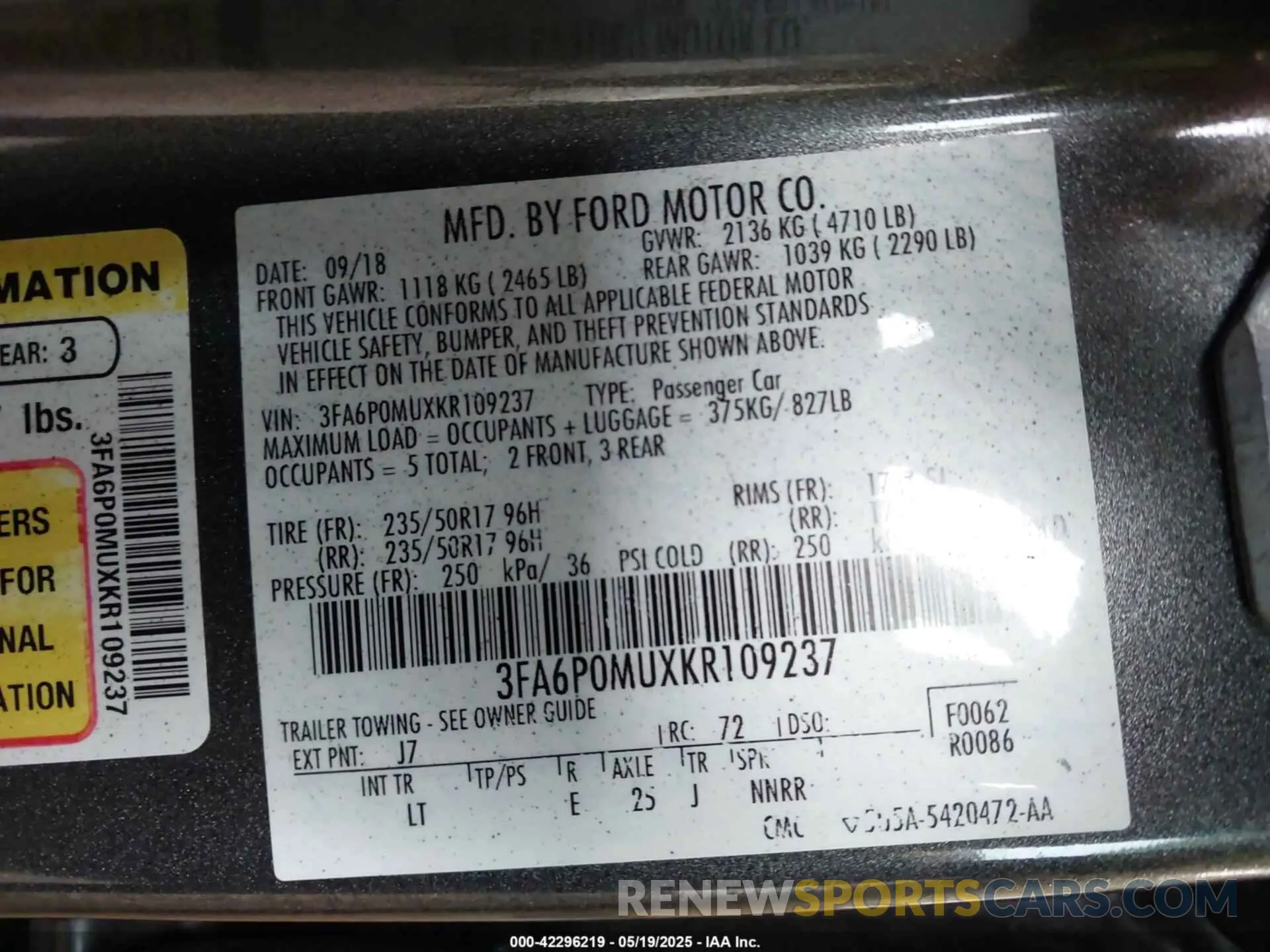 9 Photograph of a damaged car 3FA6P0MUXKR109237 FORD FUSION HYBRID 2019