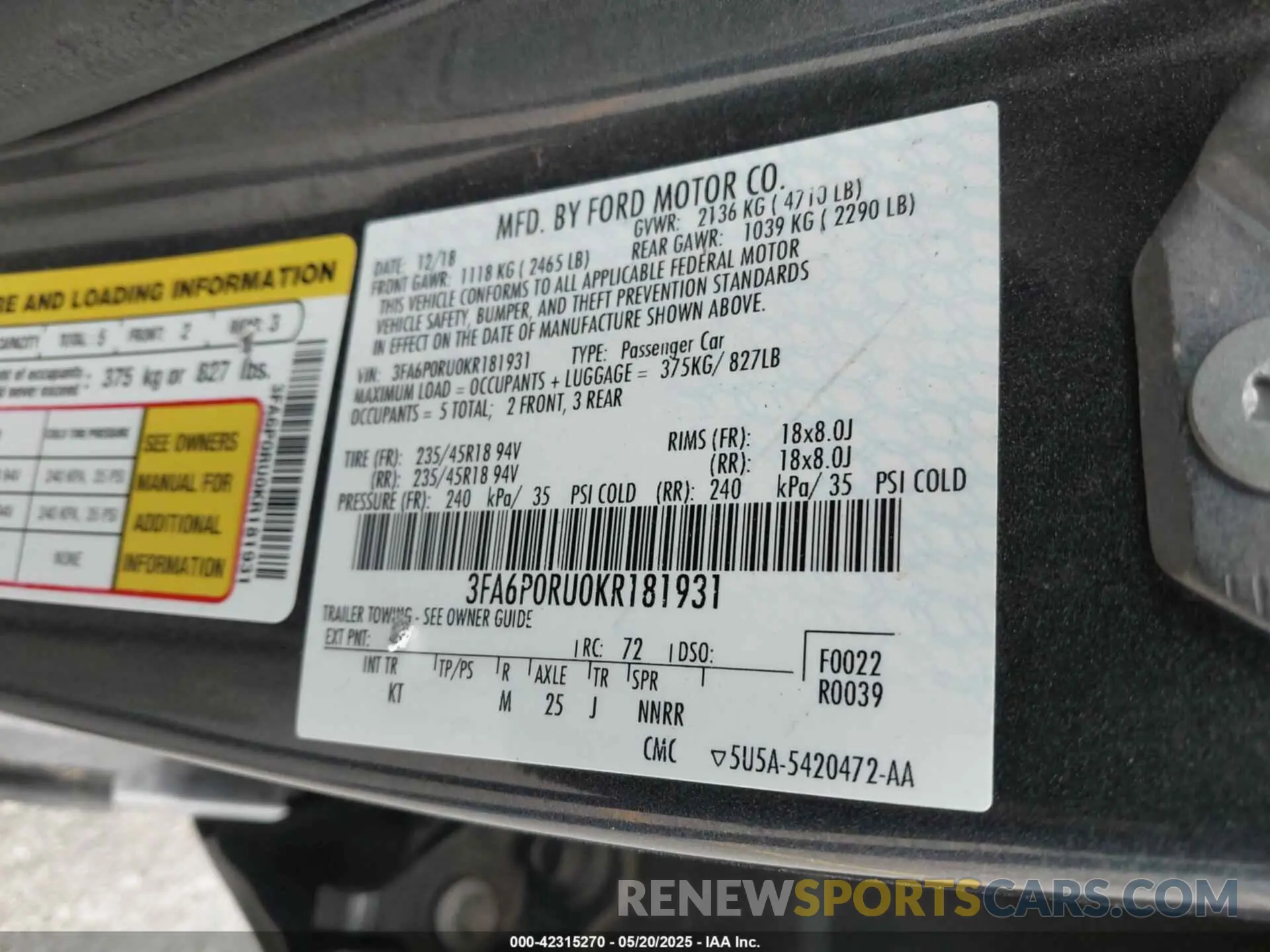 9 Фотография поврежденного автомобиля 3FA6P0RU0KR181931 FORD FUSION HYBRID 2019