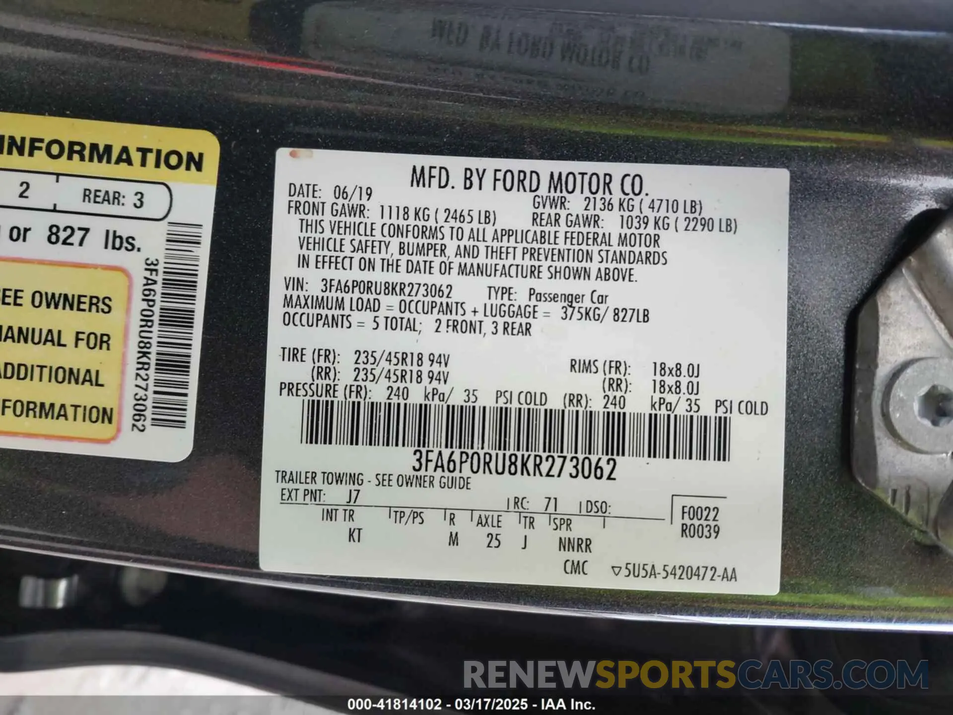 9 Фотография поврежденного автомобиля 3FA6P0RU8KR273062 FORD FUSION HYBRID 2019