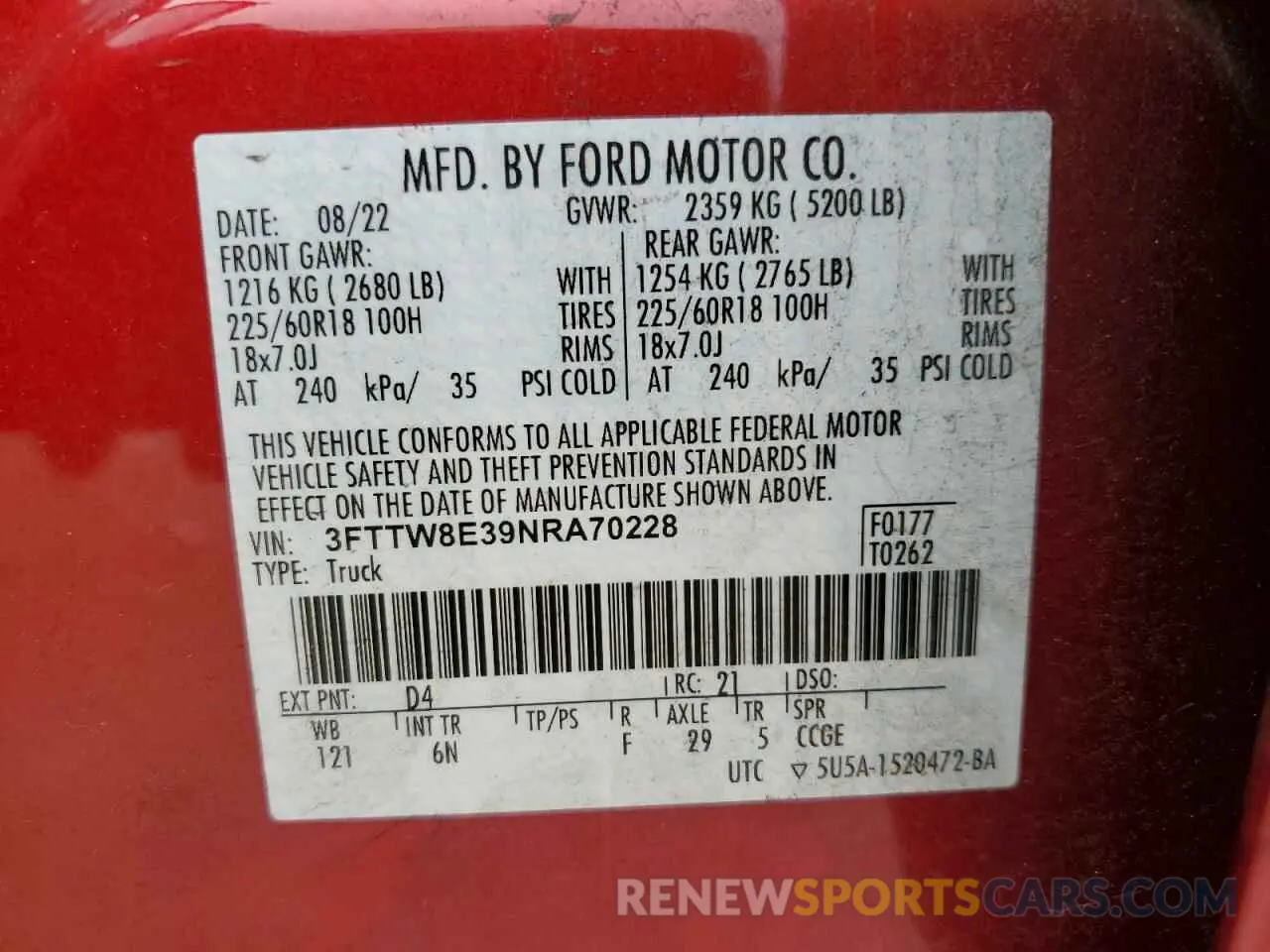 12 Фотография поврежденного автомобиля 3FTTW8E39NRA70228 FORD MAVERICK 2022