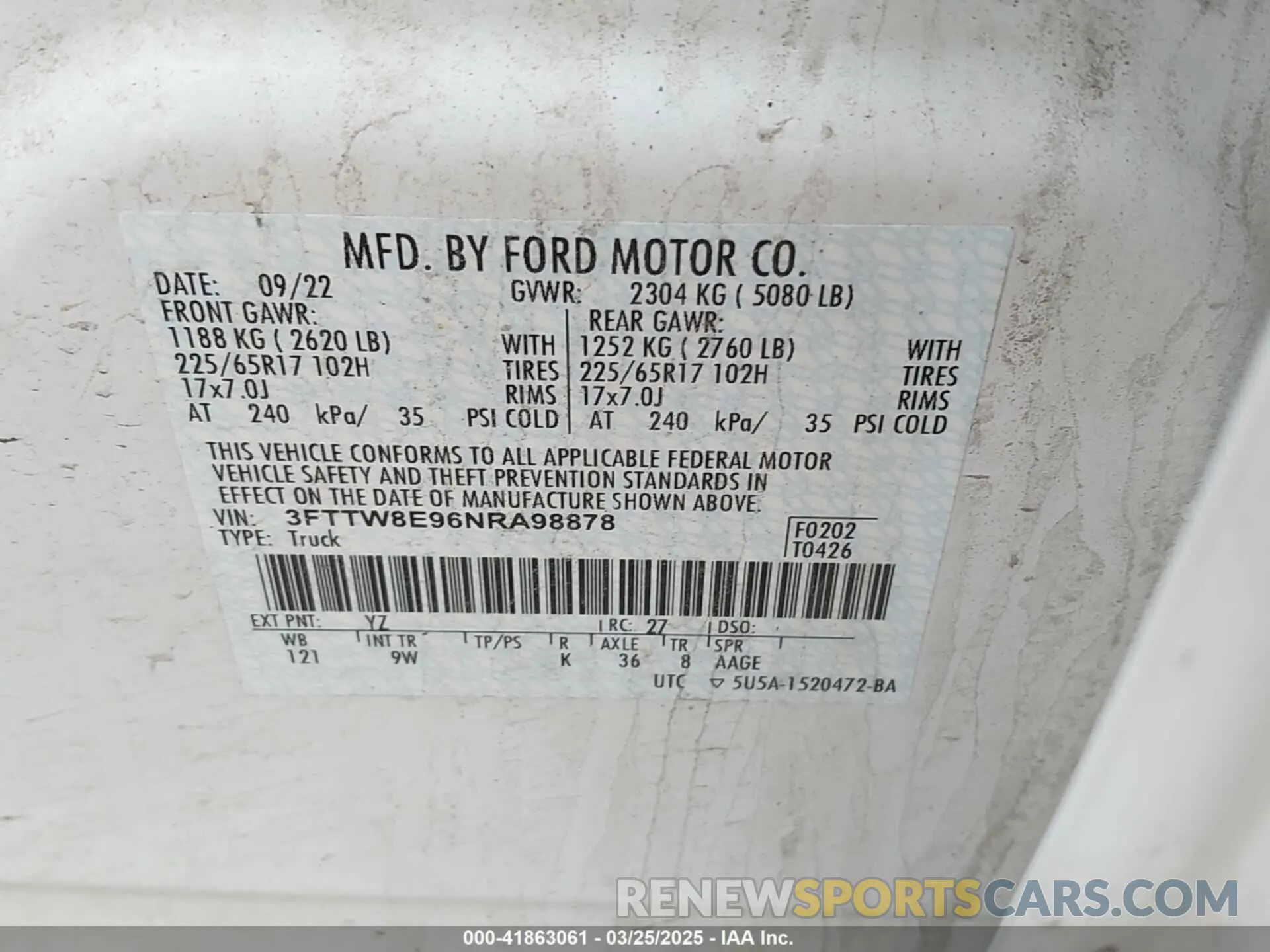 4 Фотография поврежденного автомобиля 3FTTW8E96NRA98878 FORD MAVERICK 2022