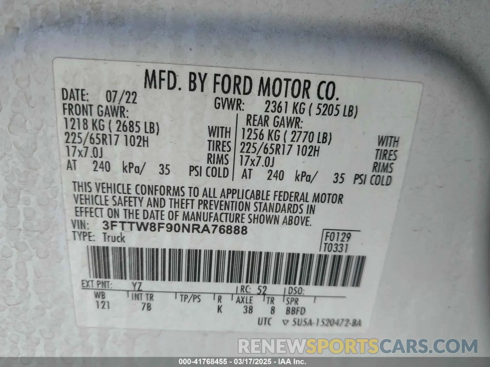 9 Фотография поврежденного автомобиля 3FTTW8F90NRA76888 FORD MAVERICK 2022
