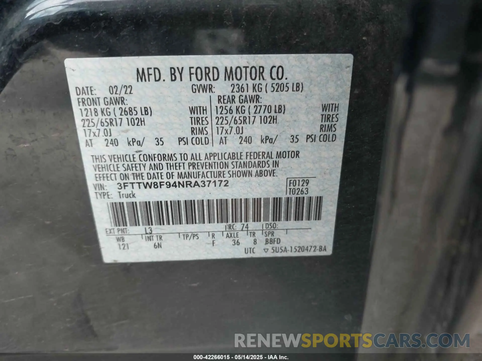 9 Фотография поврежденного автомобиля 3FTTW8F94NRA37172 FORD MAVERICK 2022