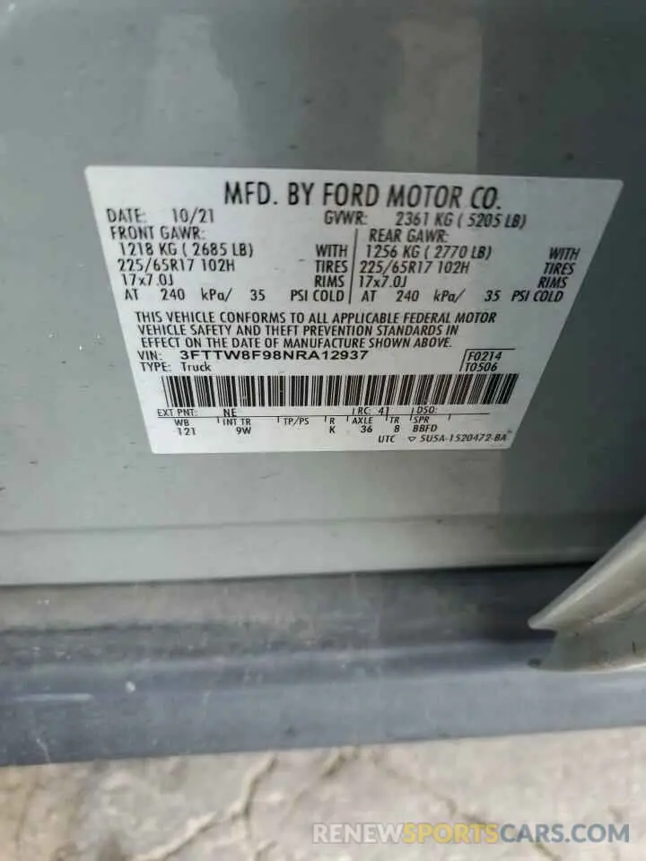 12 Фотография поврежденного автомобиля 3FTTW8F98NRA12937 FORD MAVERICK 2022