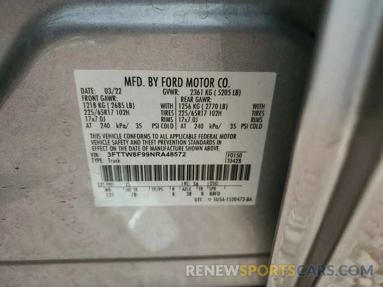 14 Фотография поврежденного автомобиля 3FTTW8F99NRA48572 FORD MAVERICK 2022