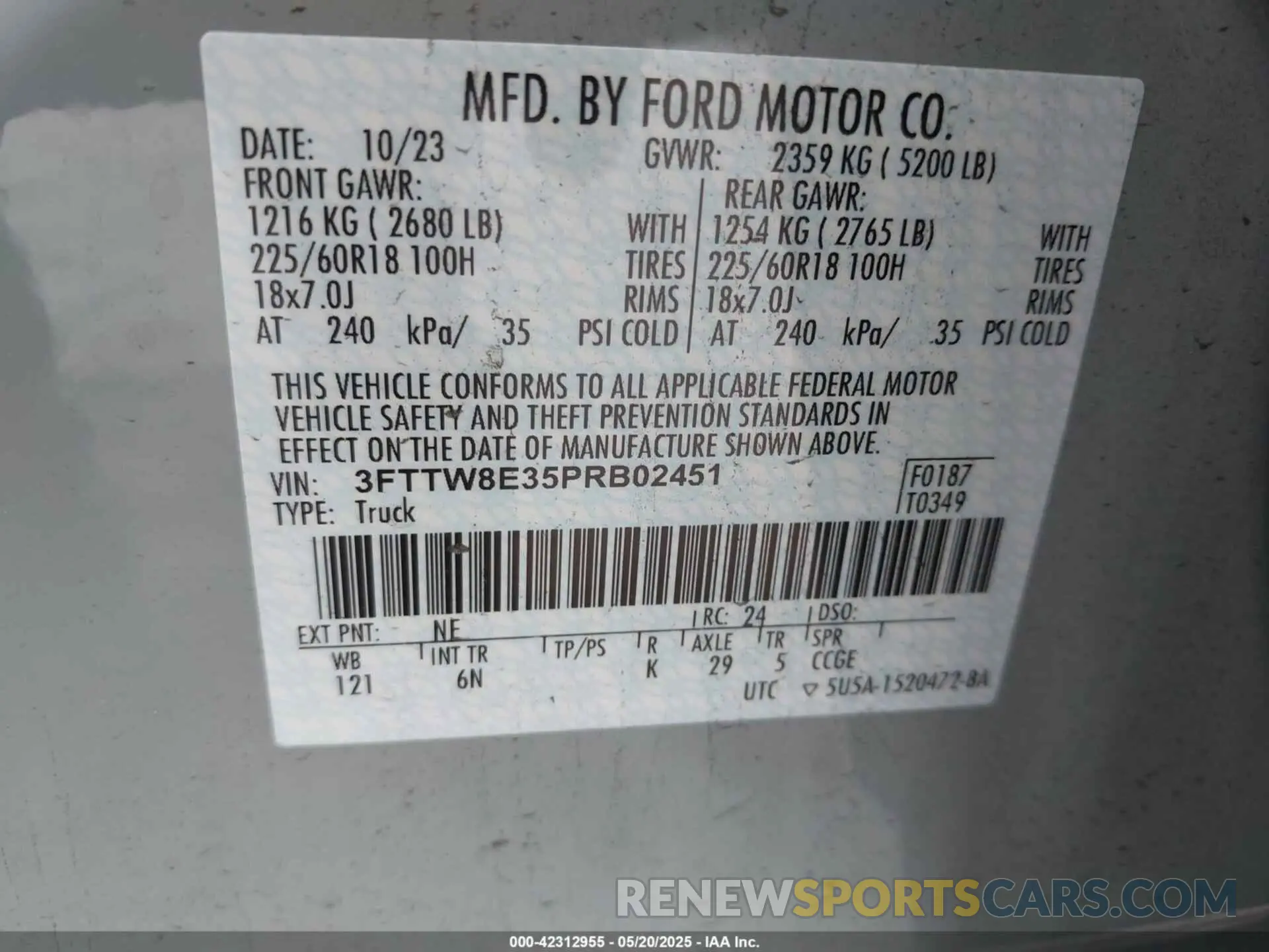 9 Фотография поврежденного автомобиля 3FTTW8E35PRB02451 FORD MAVERICK 2023