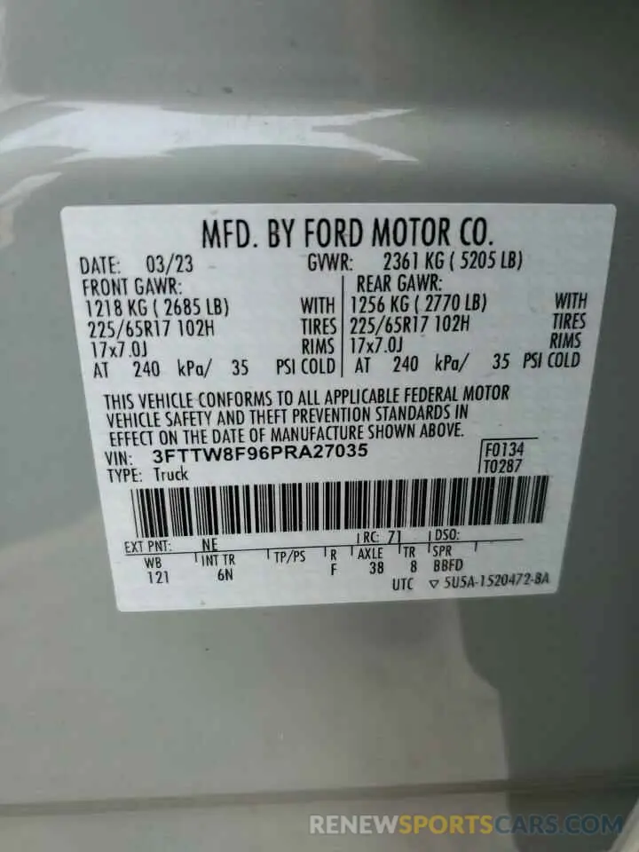 12 Фотография поврежденного автомобиля 3FTTW8F96PRA27035 FORD MAVERICK 2023