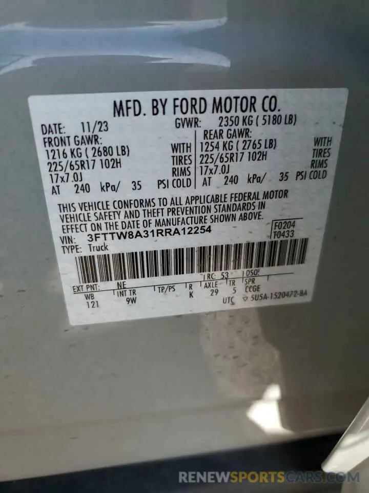 12 Photograph of a damaged car 3FTTW8A31RRA12254 FORD MAVERICK 2024