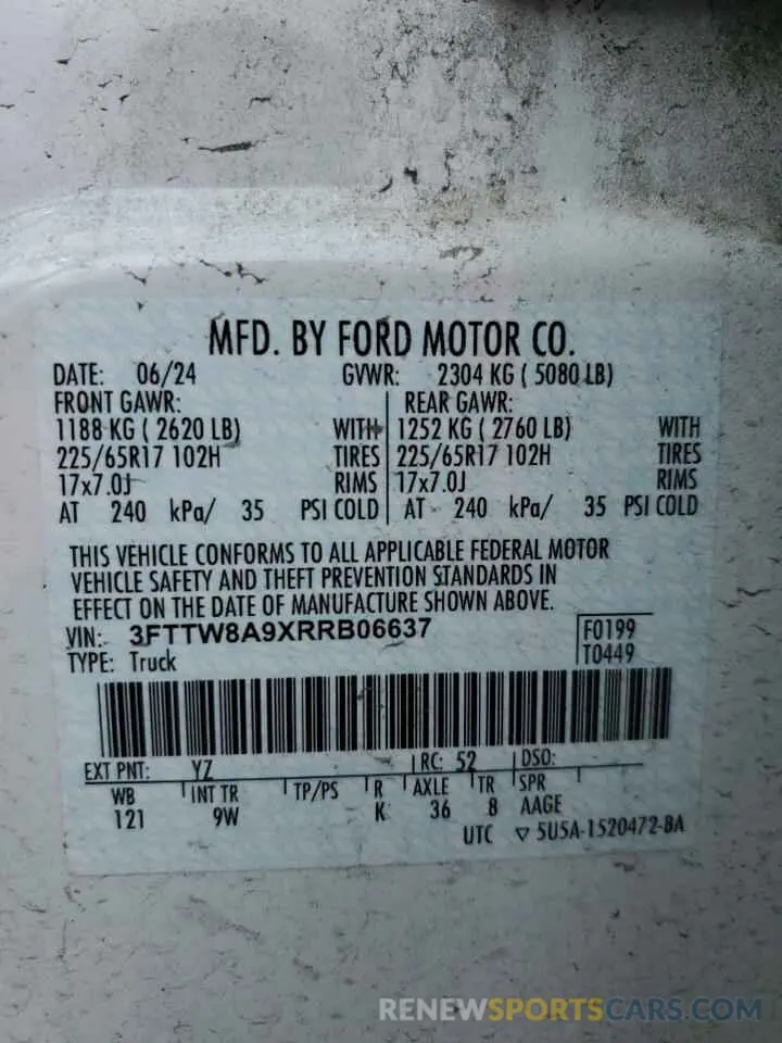 13 Фотография поврежденного автомобиля 3FTTW8A9XRRB06637 FORD MAVERICK 2024