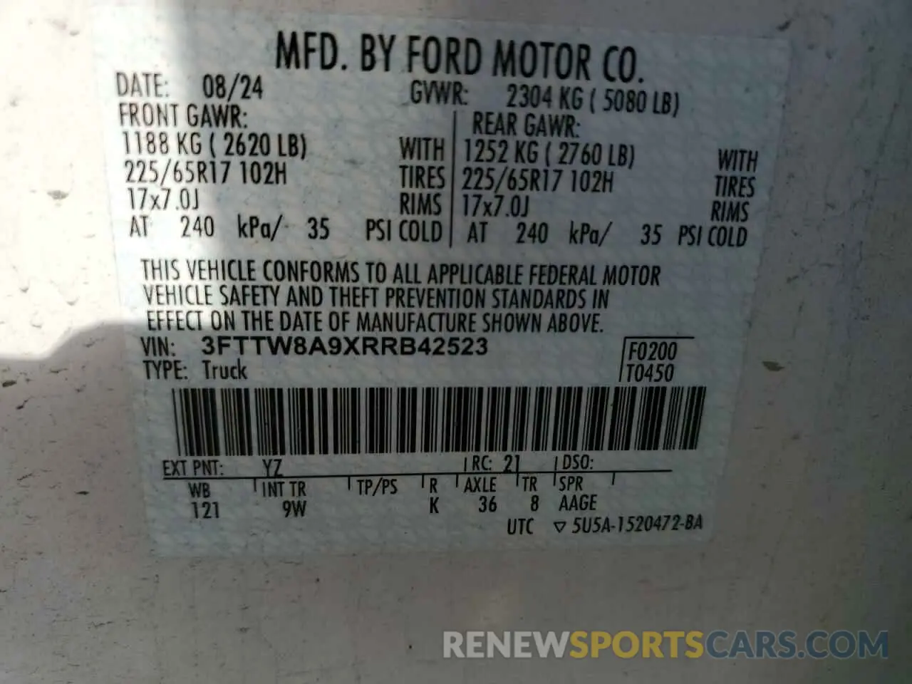 13 Фотография поврежденного автомобиля 3FTTW8A9XRRB42523 FORD MAVERICK 2024