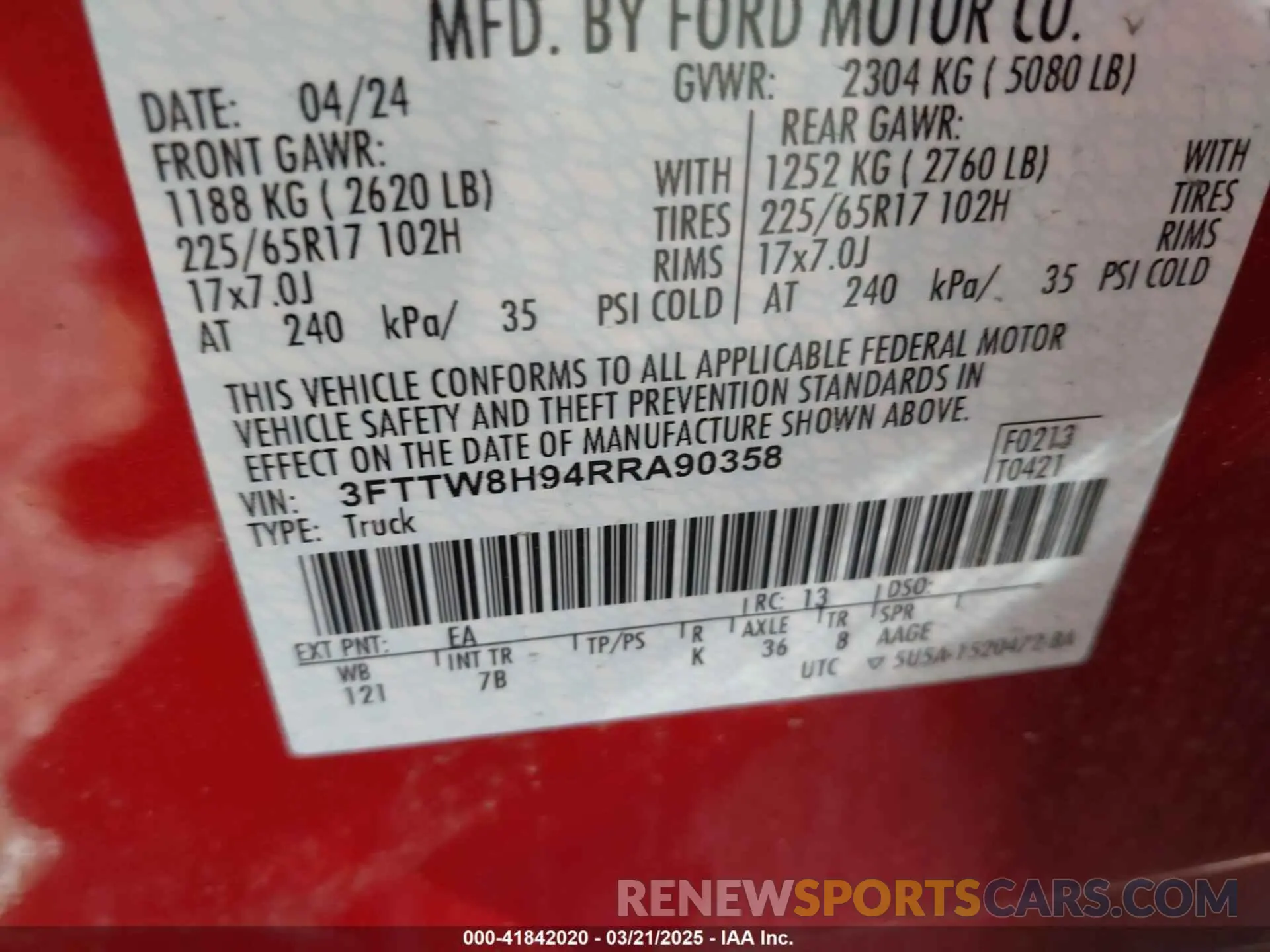 9 Фотография поврежденного автомобиля 3FTTW8H94RRA90358 FORD MAVERICK 2024