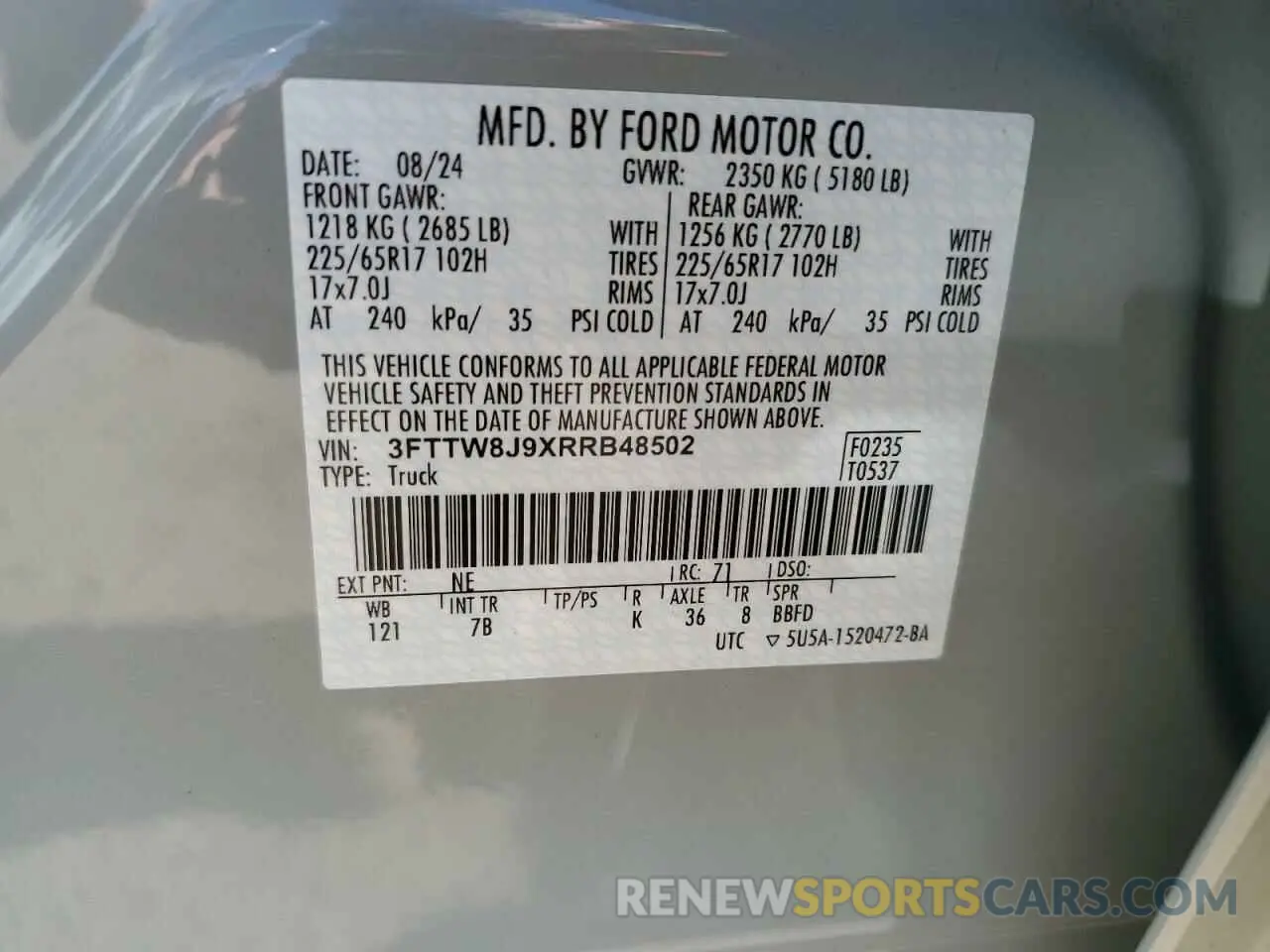 12 Фотография поврежденного автомобиля 3FTTW8J9XRRB48502 FORD MAVERICK 2024