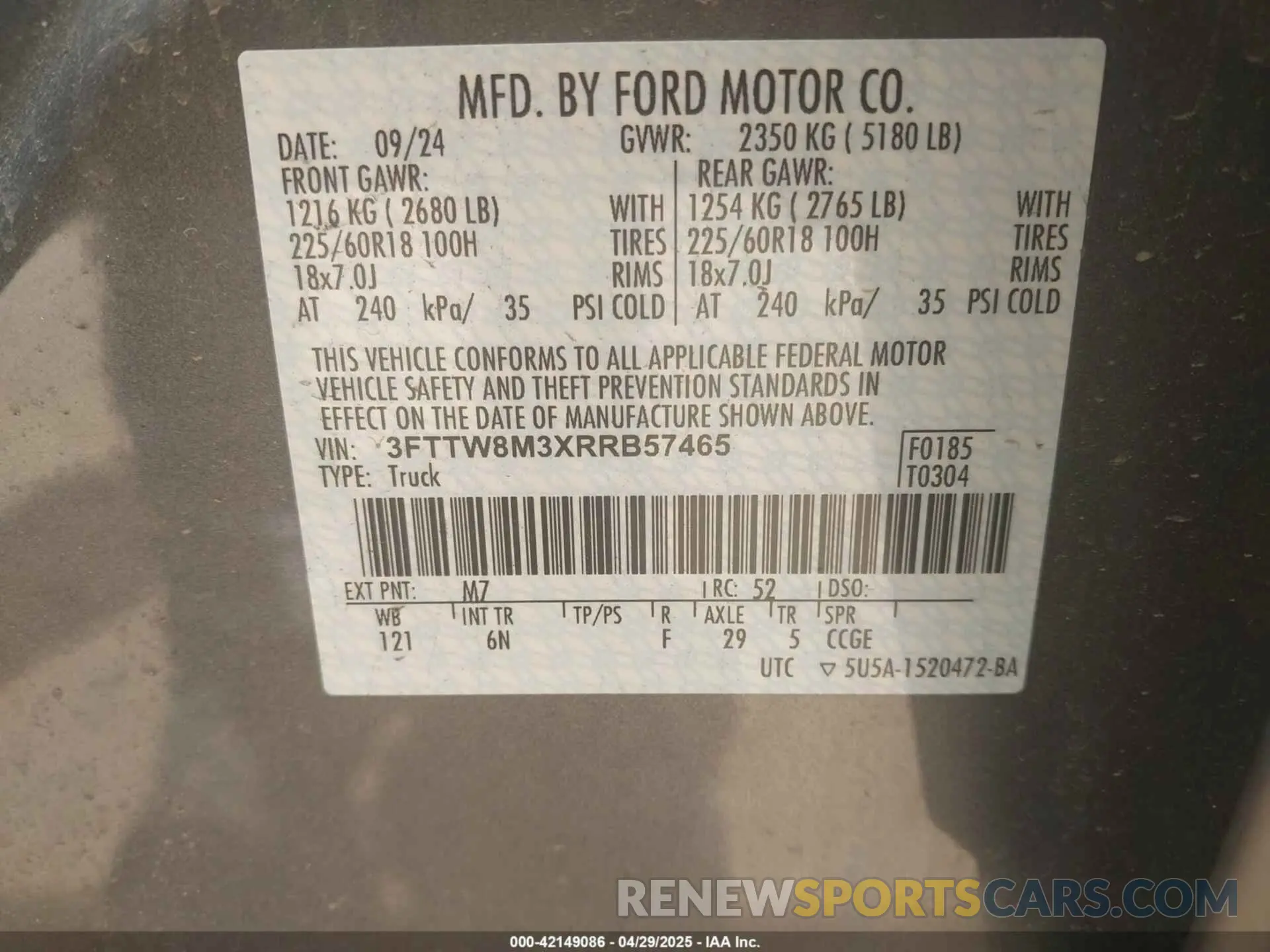 9 Фотография поврежденного автомобиля 3FTTW8M3XRRB57465 FORD MAVERICK 2024
