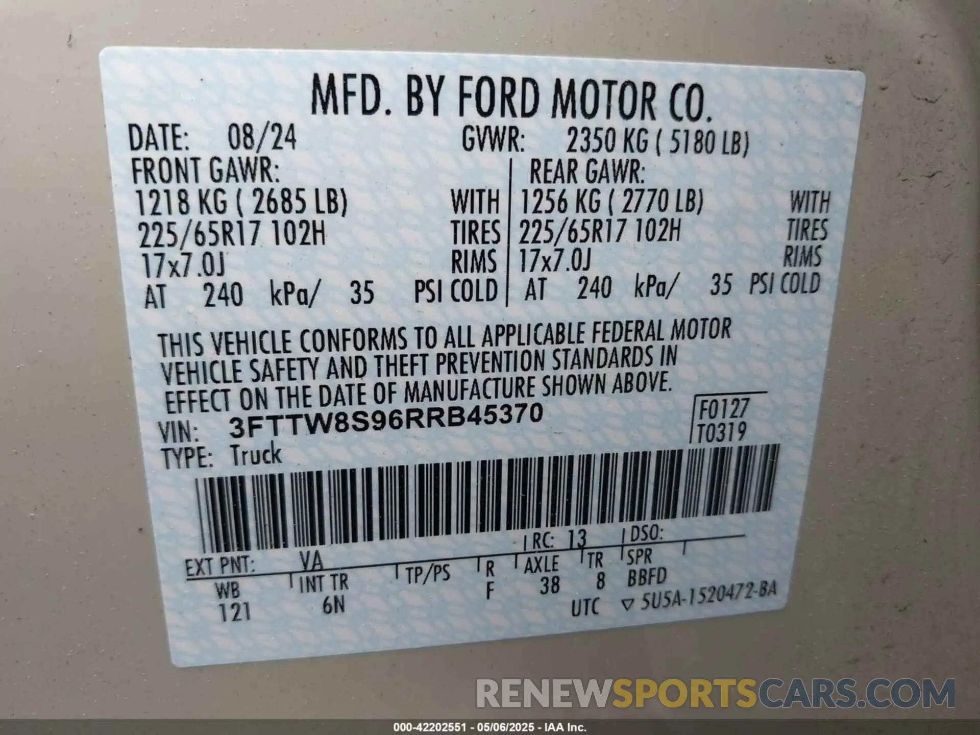 9 Фотография поврежденного автомобиля 3FTTW8S96RRB45370 FORD MAVERICK 2024