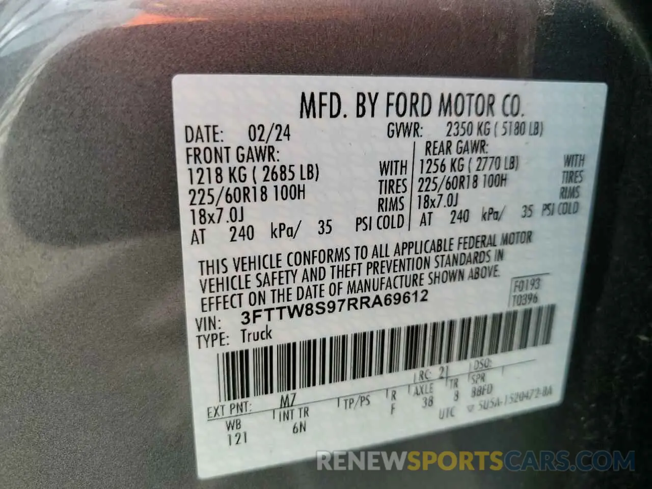 12 Фотография поврежденного автомобиля 3FTTW8S97RRA69612 FORD MAVERICK L 2024
