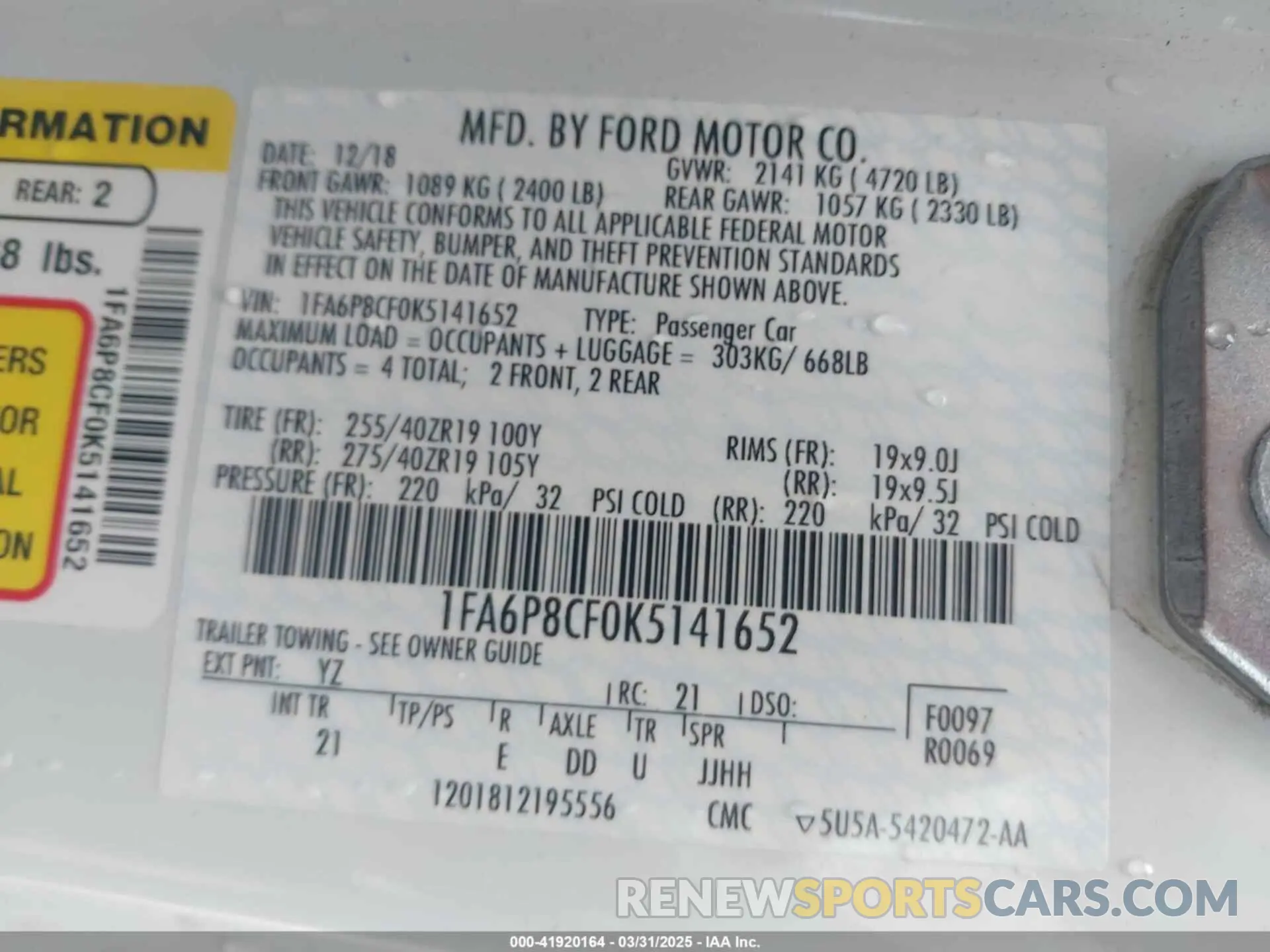 9 Фотография поврежденного автомобиля 1FA6P8CF0K5141652 FORD MUSTANG 2019