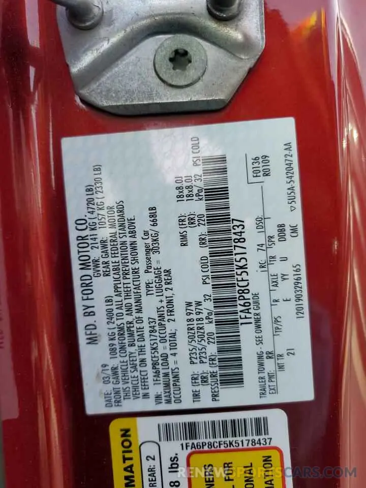 12 Photograph of a damaged car 1FA6P8CF5K5178437 FORD MUSTANG 2019
