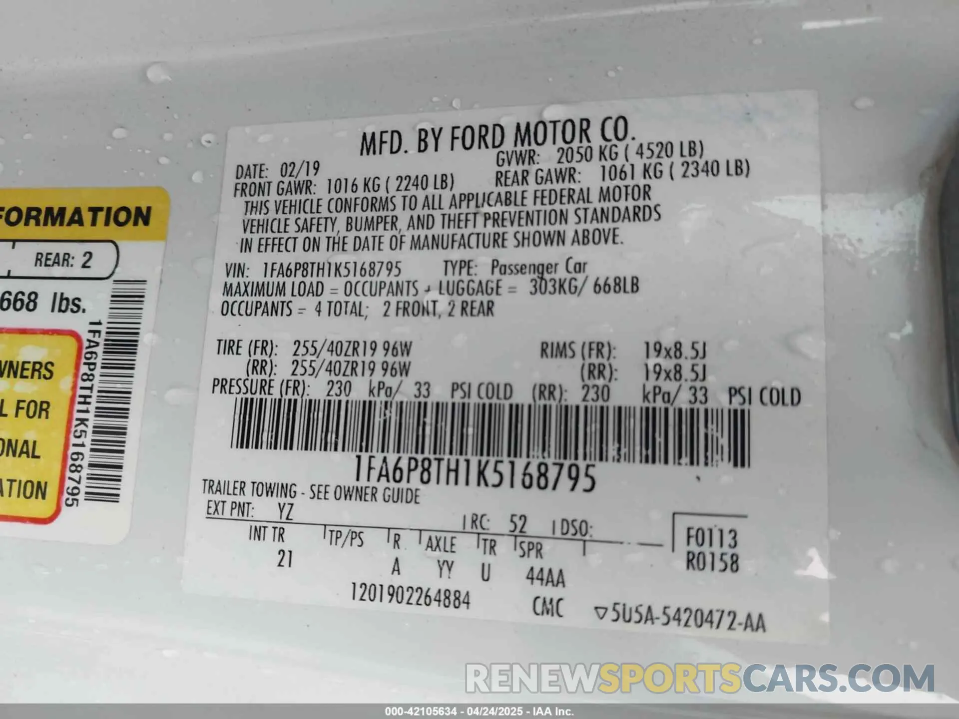 9 Фотография поврежденного автомобиля 1FA6P8TH1K5168795 FORD MUSTANG 2019