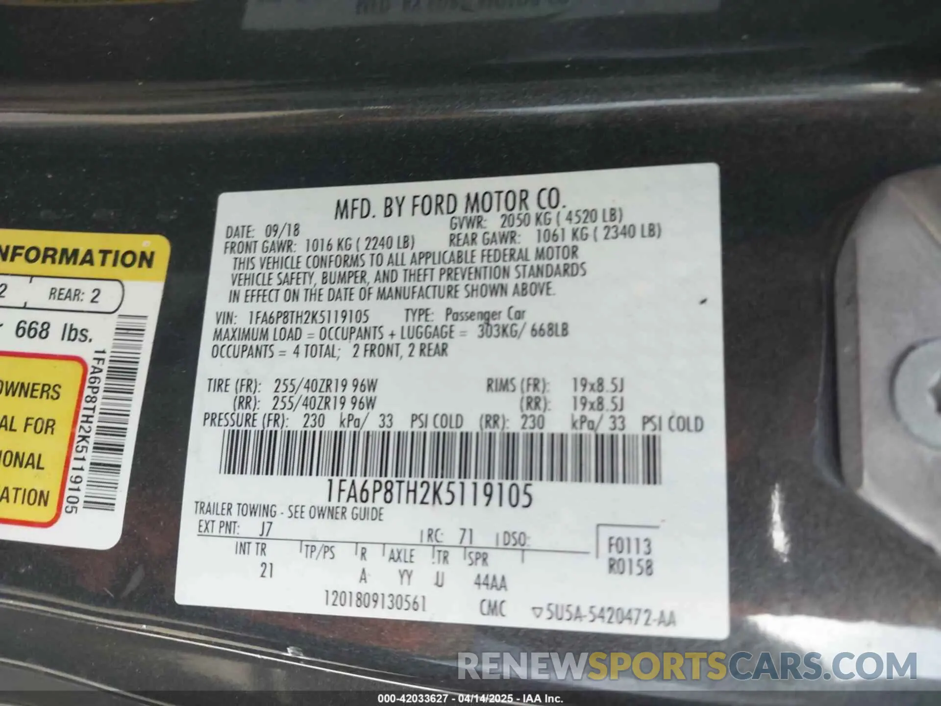 9 Photograph of a damaged car 1FA6P8TH2K5119105 FORD MUSTANG 2019