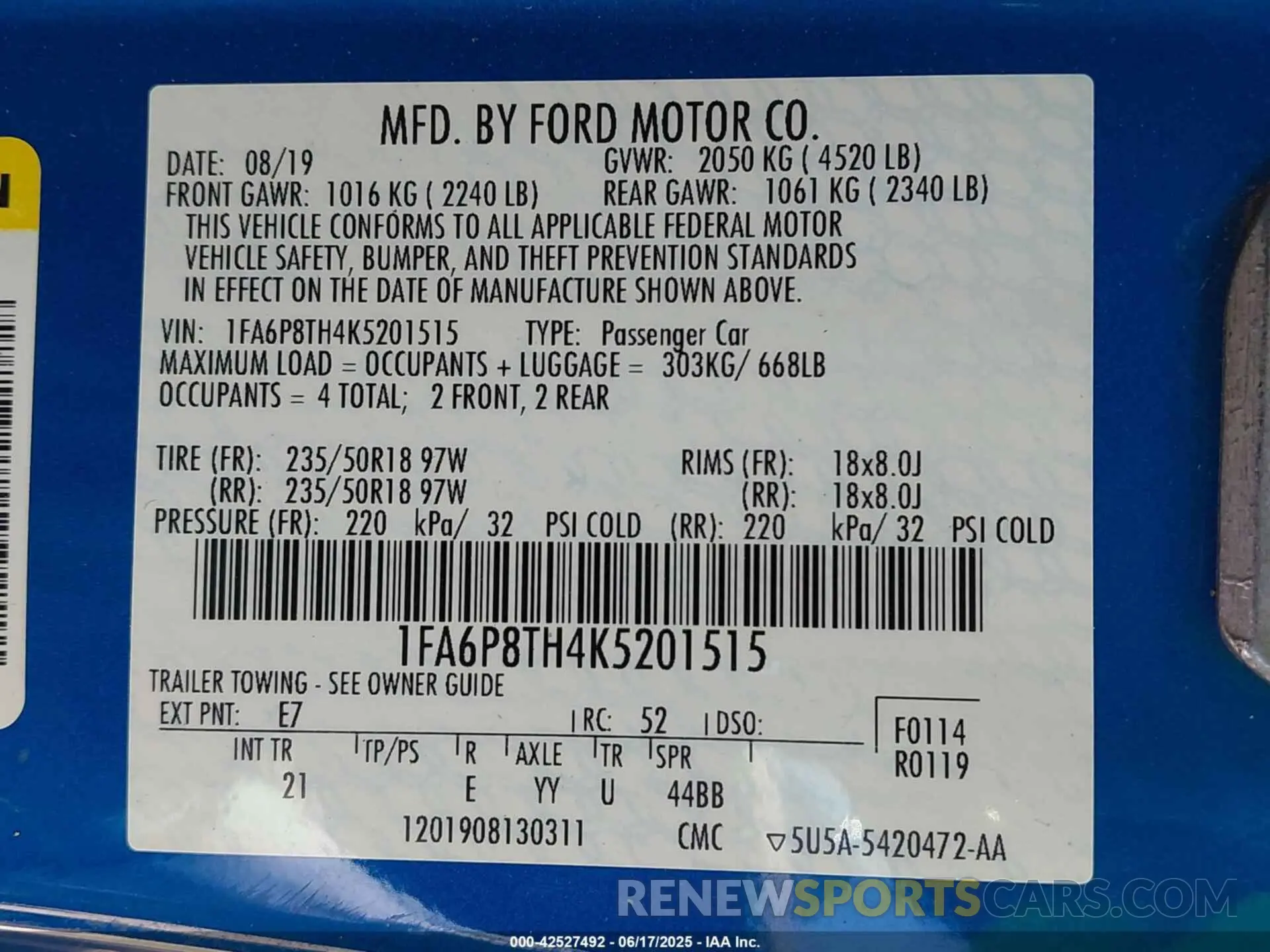 9 Фотография поврежденного автомобиля 1FA6P8TH4K5201515 FORD MUSTANG 2019