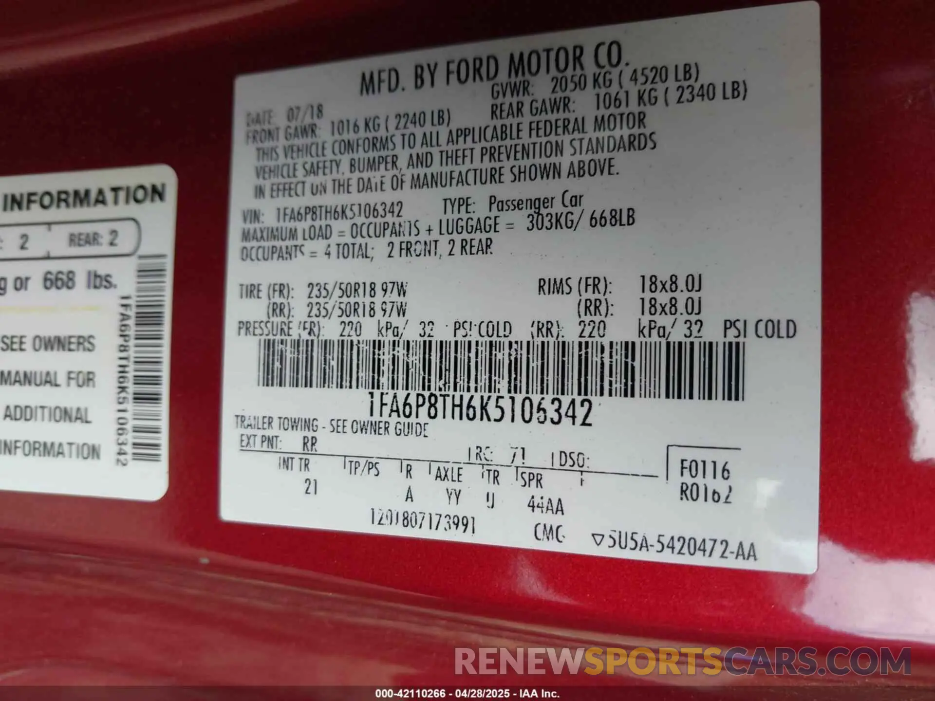 9 Photograph of a damaged car 1FA6P8TH6K5106342 FORD MUSTANG 2019
