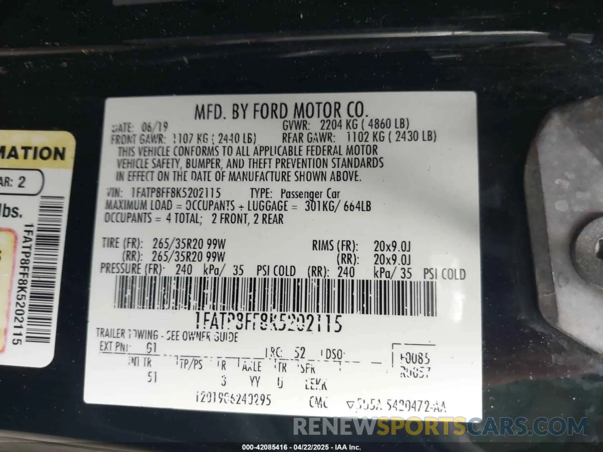 9 Photograph of a damaged car 1FATP8FF8K5202115 FORD MUSTANG 2019