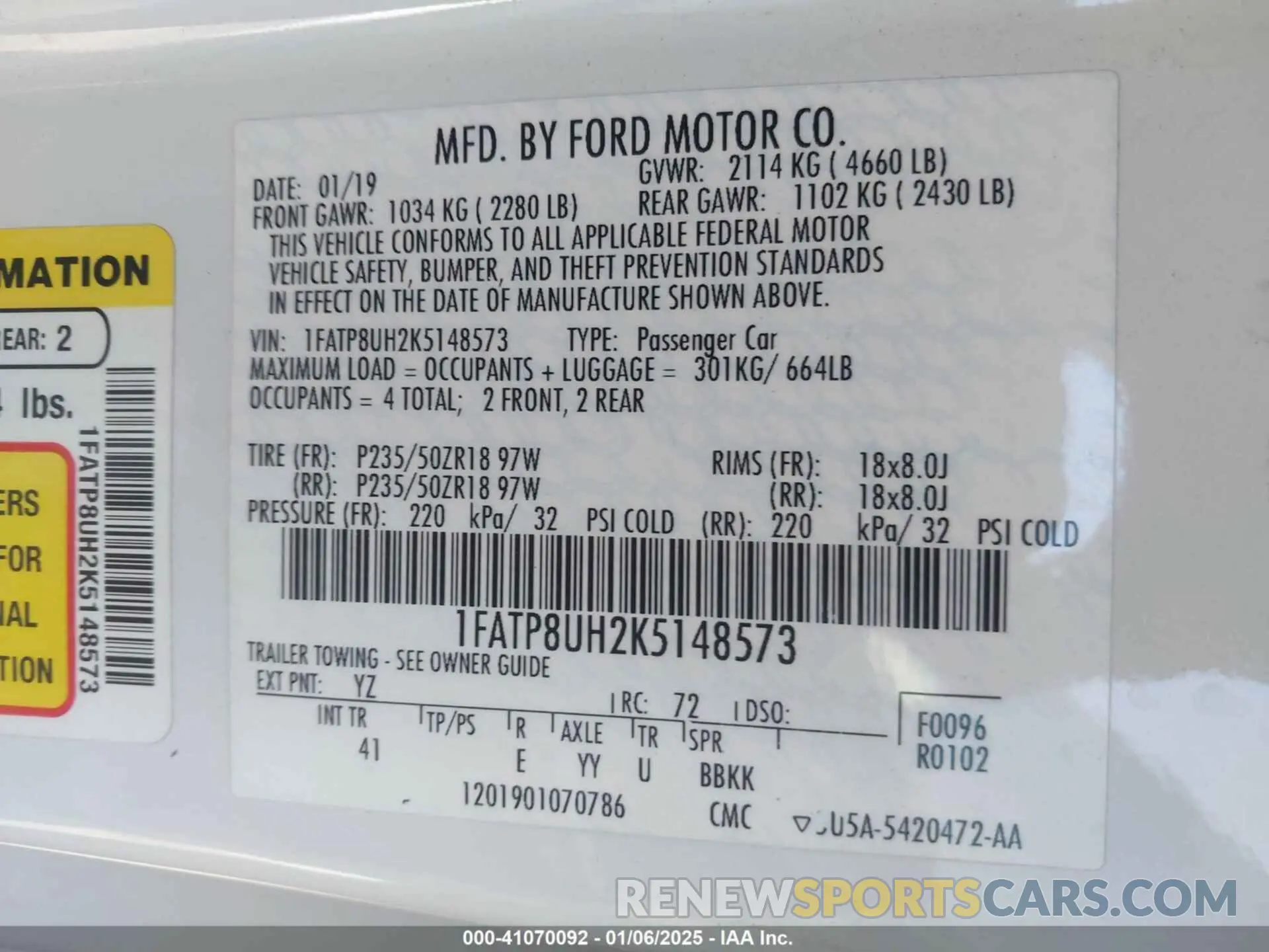 9 Photograph of a damaged car 1FATP8UH2K5148573 FORD MUSTANG 2019