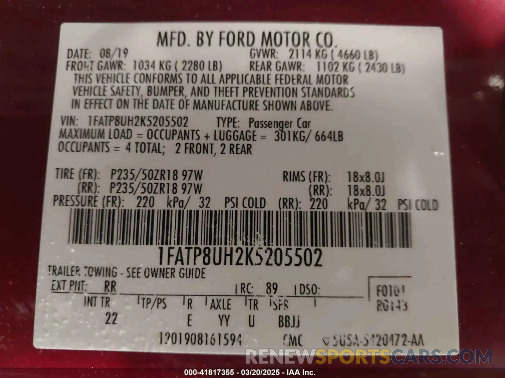 9 Photograph of a damaged car 1FATP8UH2K5205502 FORD MUSTANG 2019