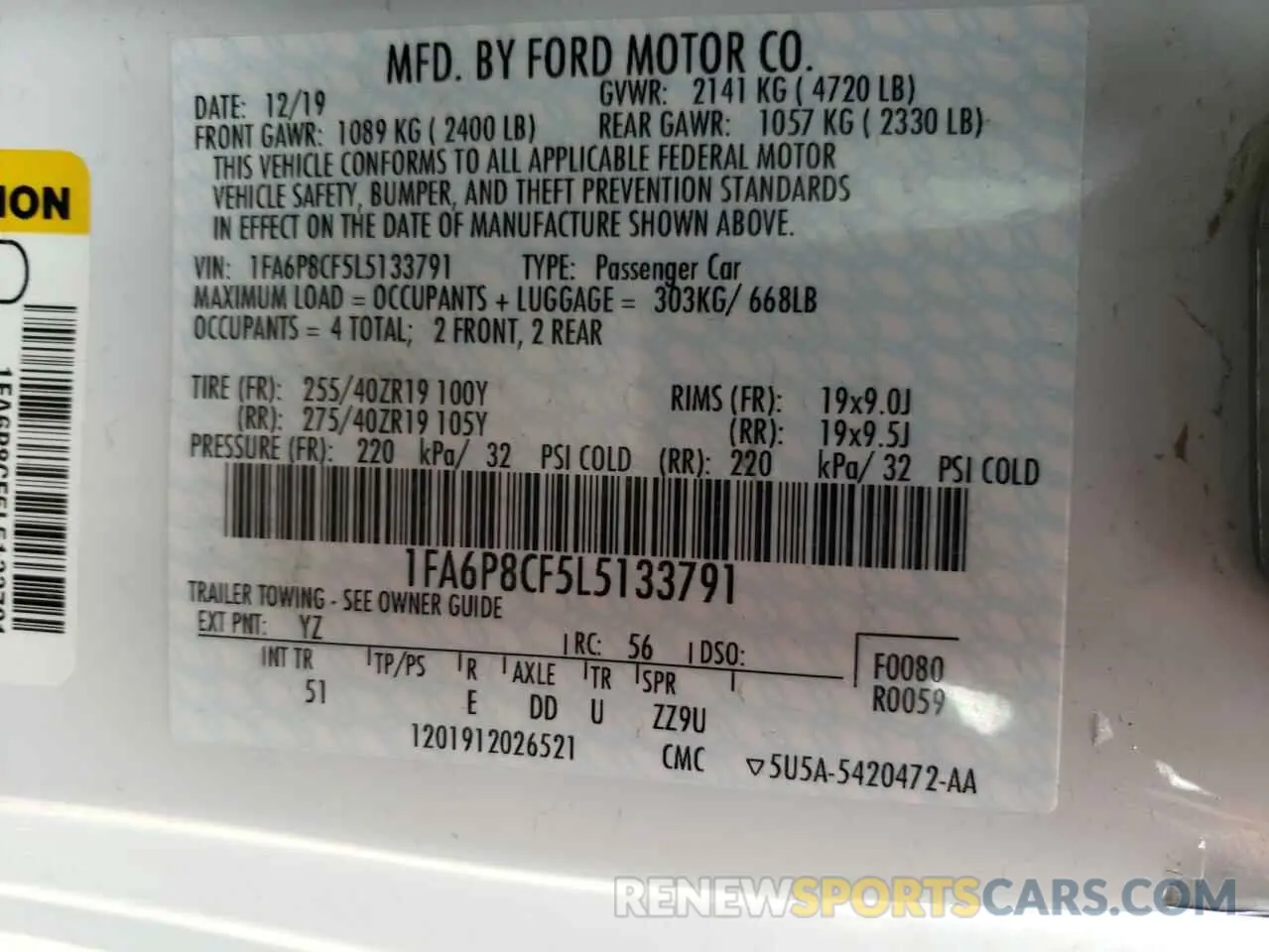 10 Photograph of a damaged car 1FA6P8CF5L5133791 FORD MUSTANG 2020