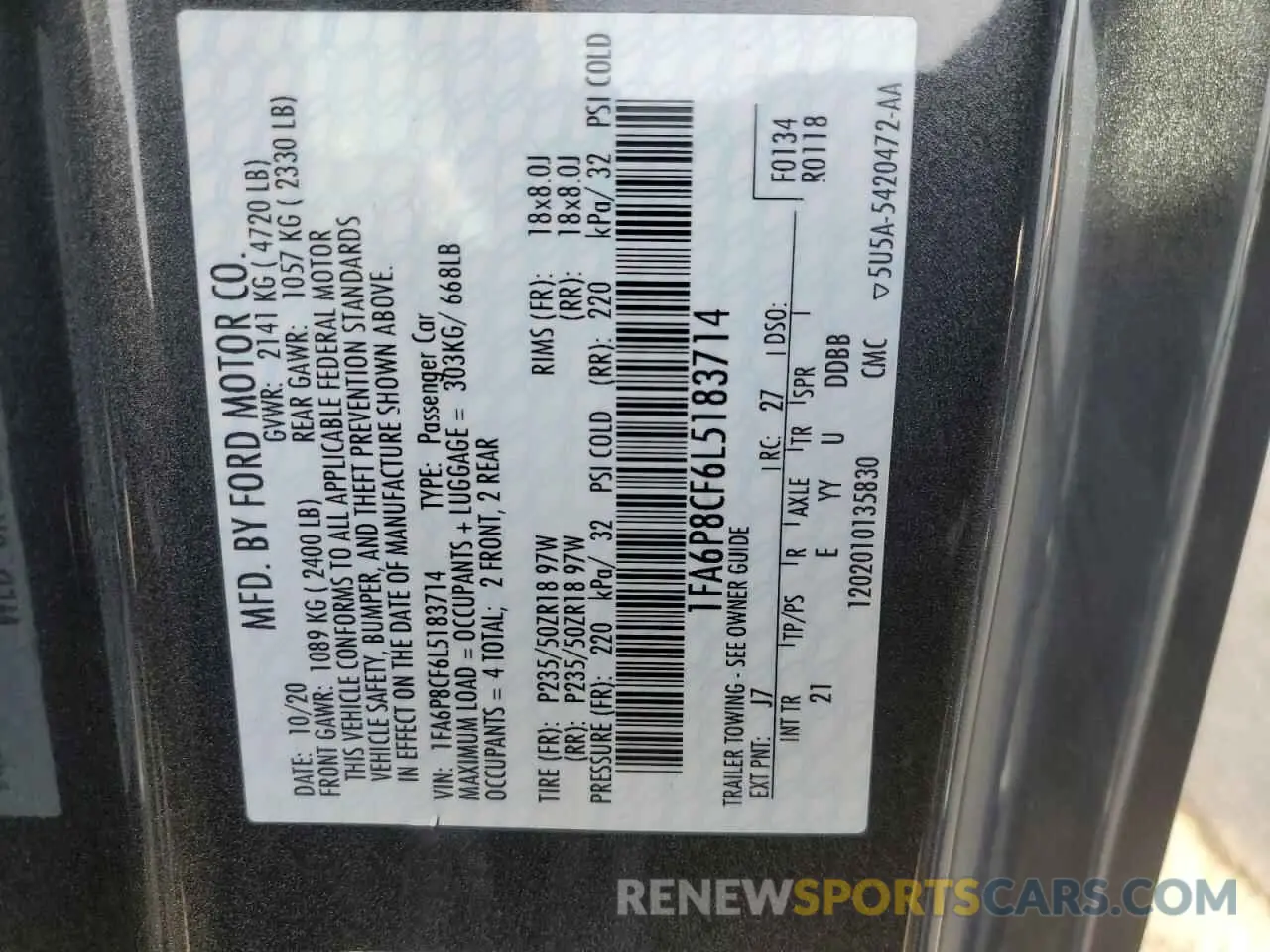 13 Фотография поврежденного автомобиля 1FA6P8CF6L5183714 FORD MUSTANG 2020