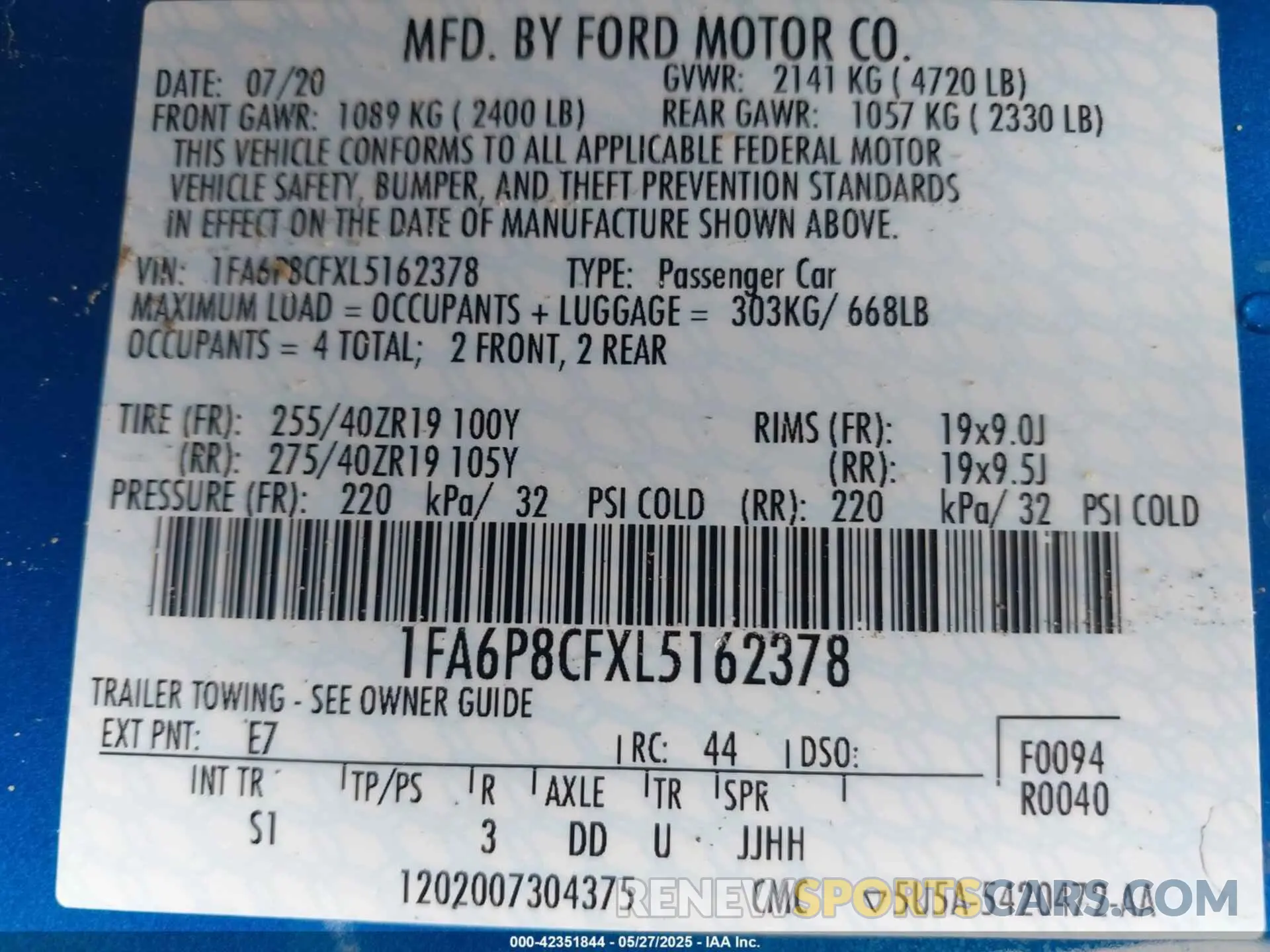 9 Фотография поврежденного автомобиля 1FA6P8CFXL5162378 FORD MUSTANG 2020