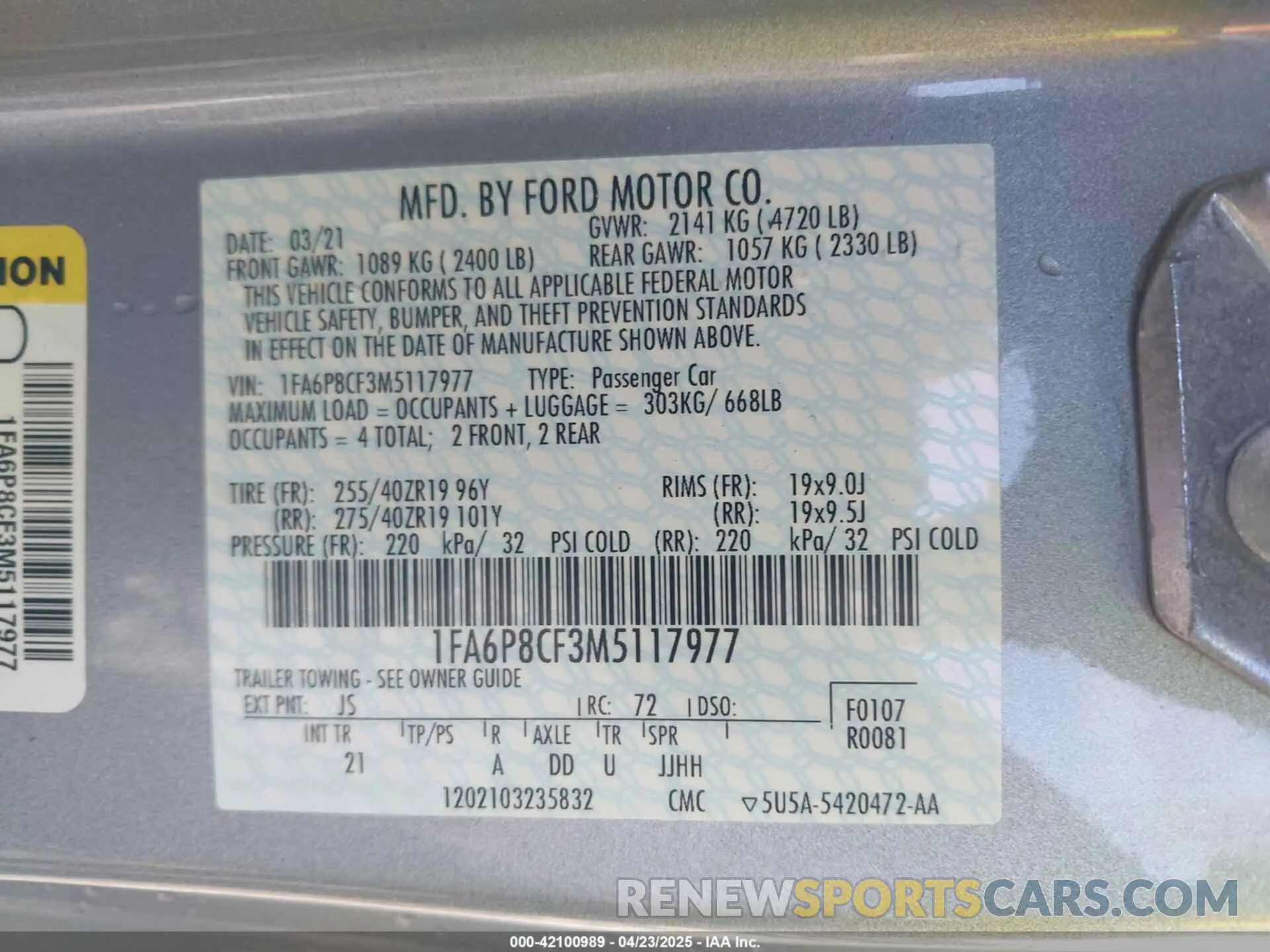 9 Фотография поврежденного автомобиля 1FA6P8CF3M5117977 FORD MUSTANG 2021