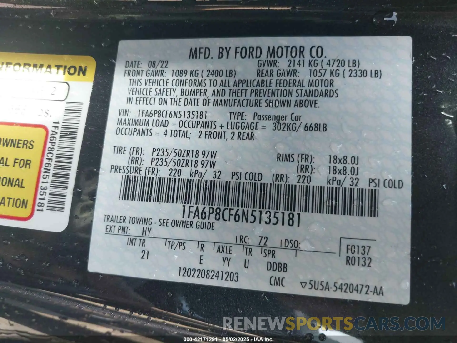 9 Фотография поврежденного автомобиля 1FA6P8CF6N5135181 FORD MUSTANG 2022