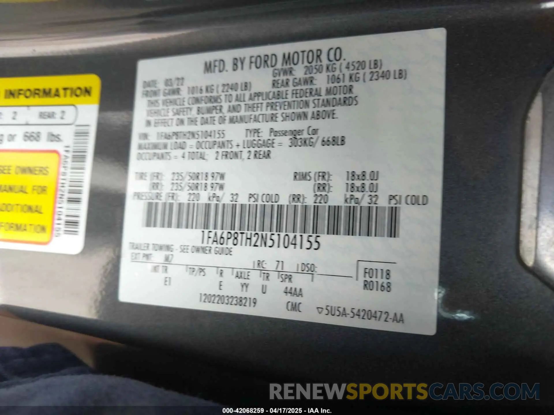 9 Фотография поврежденного автомобиля 1FA6P8TH2N5104155 FORD MUSTANG 2022