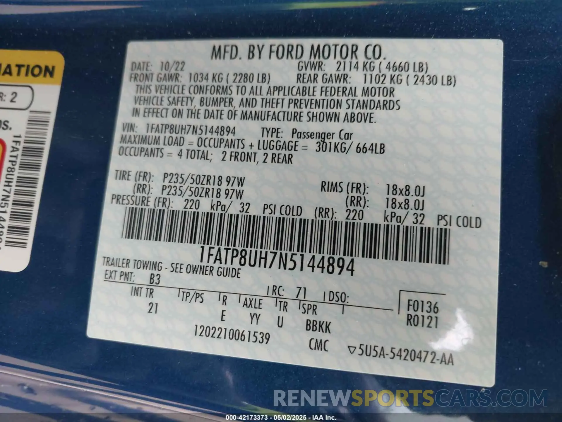 9 Фотография поврежденного автомобиля 1FATP8UH7N5144894 FORD MUSTANG 2022